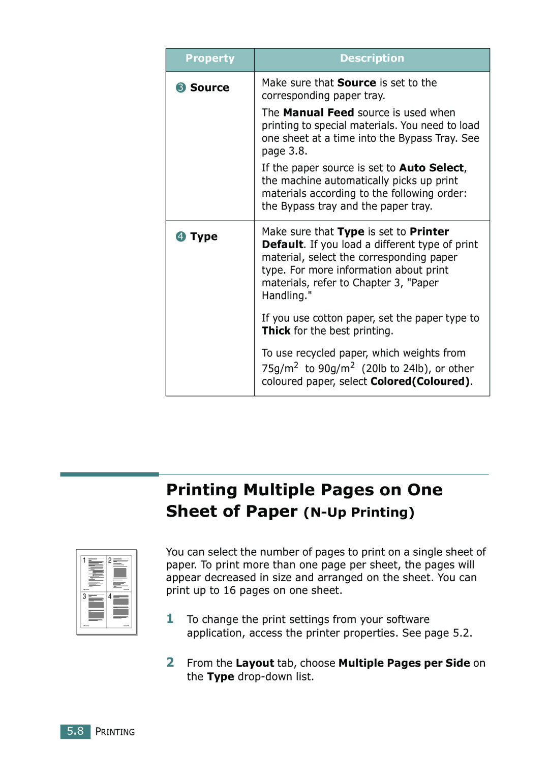 Ricoh 4016 Series manual Printing Multiple Pages on One Sheet of Paper N-Up Printing, Source, Type 