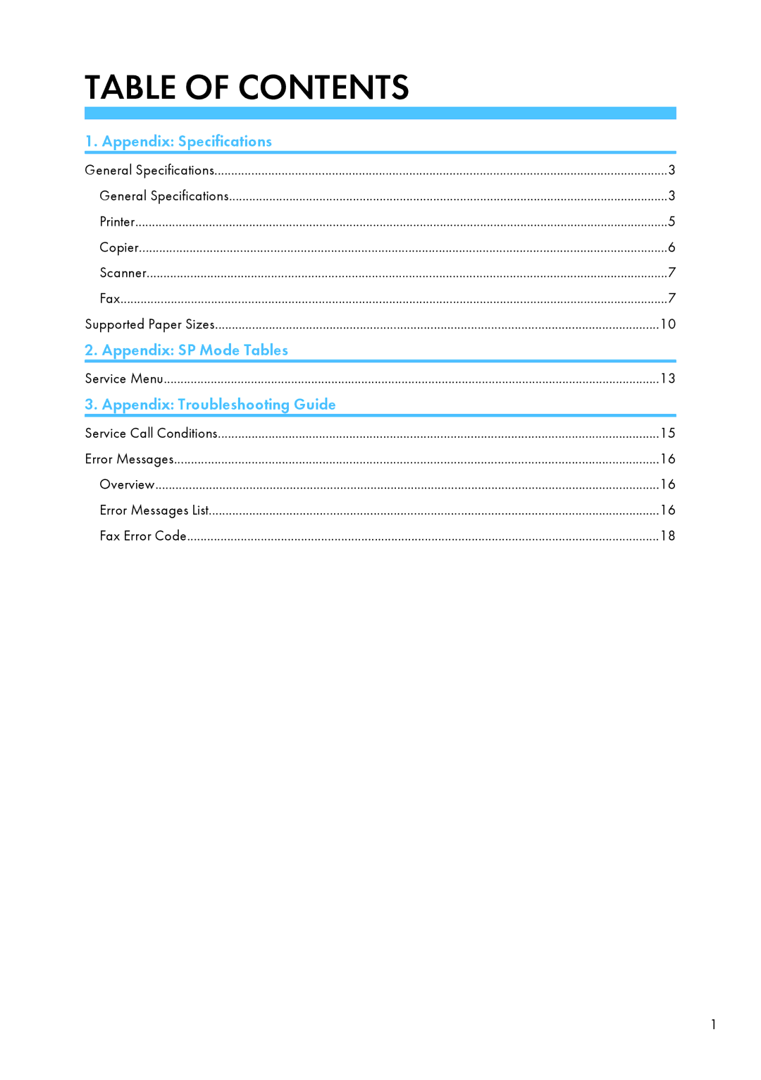 Ricoh 406460 service manual Appendix Specifications 