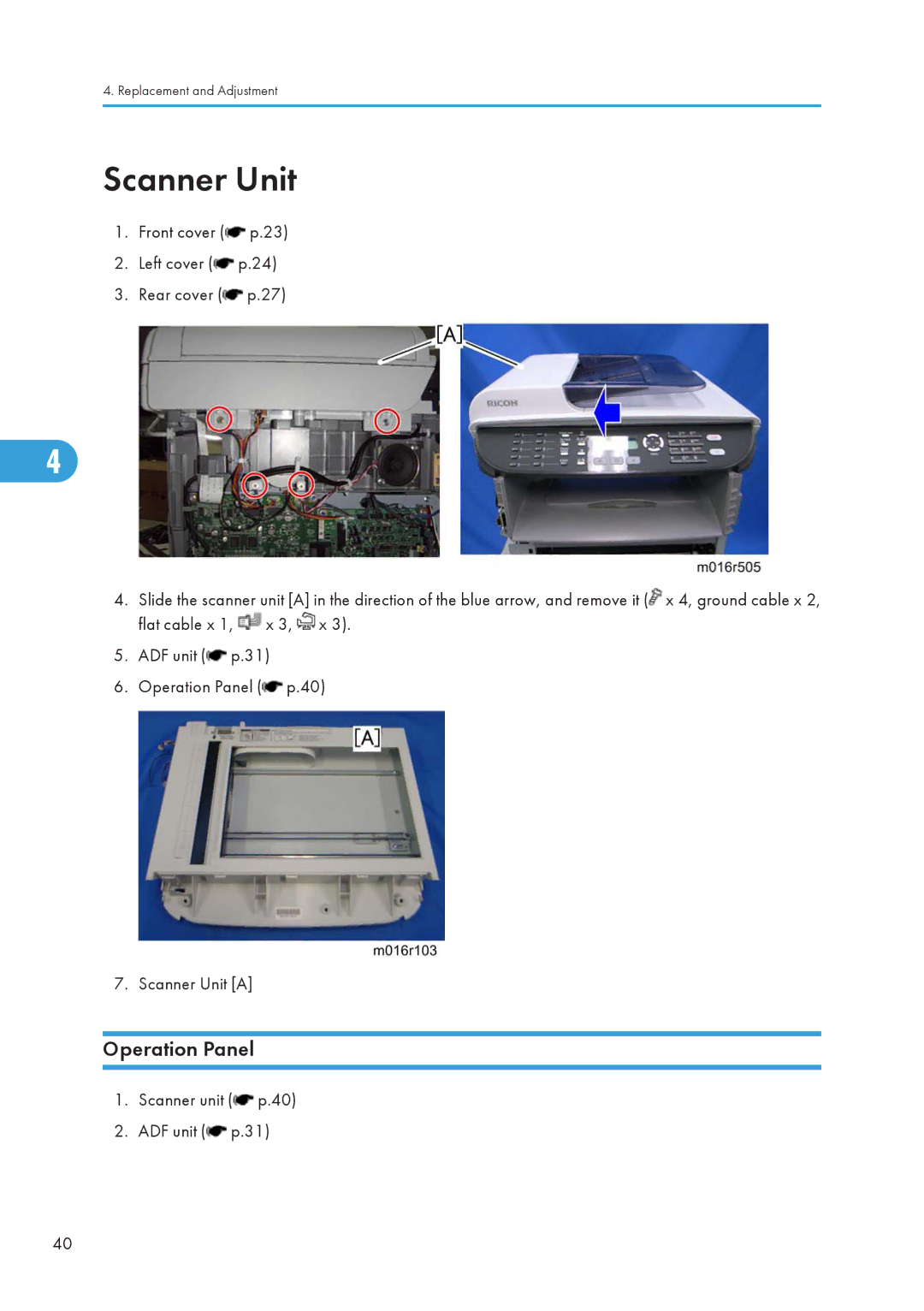 Ricoh 406460 service manual Scanner Unit, Operation Panel 