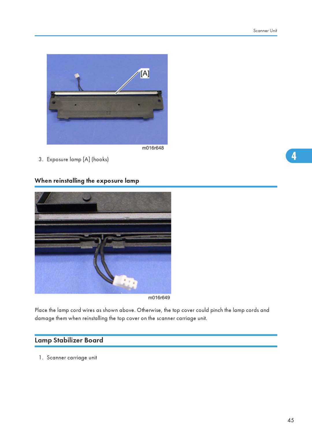 Ricoh 406460 service manual Lamp Stabilizer Board, When reinstalling the exposure lamp 