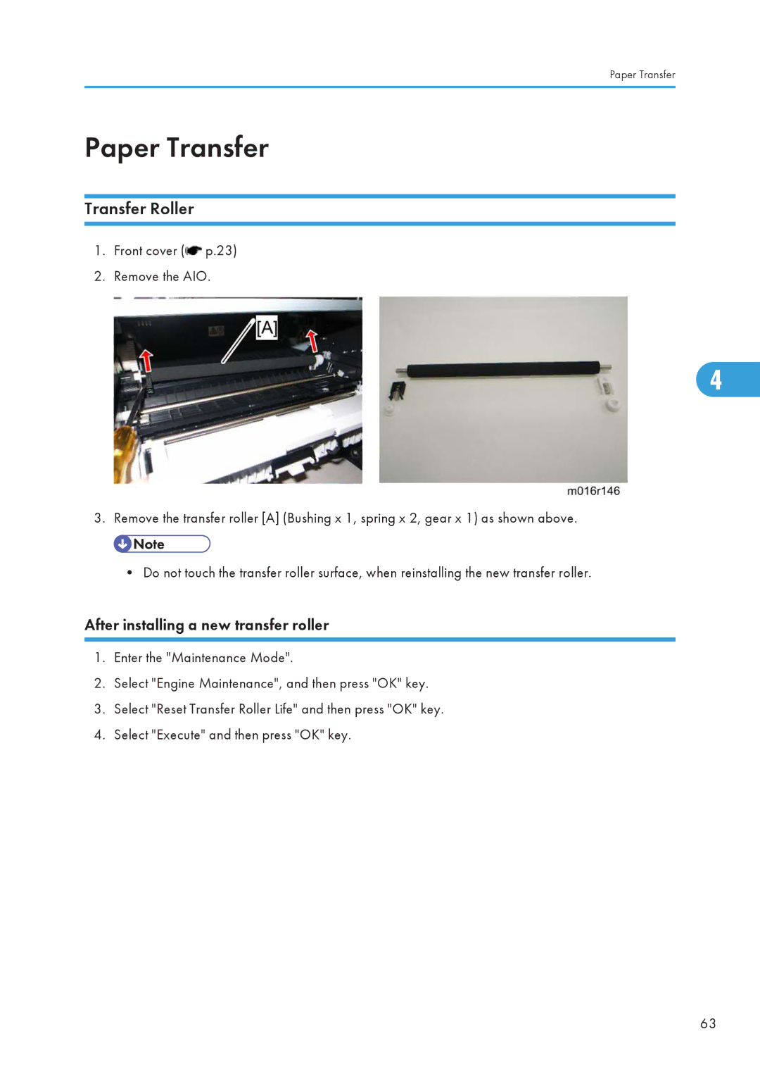 Ricoh 406460 service manual Paper Transfer, Transfer Roller, After installing a new transfer roller 