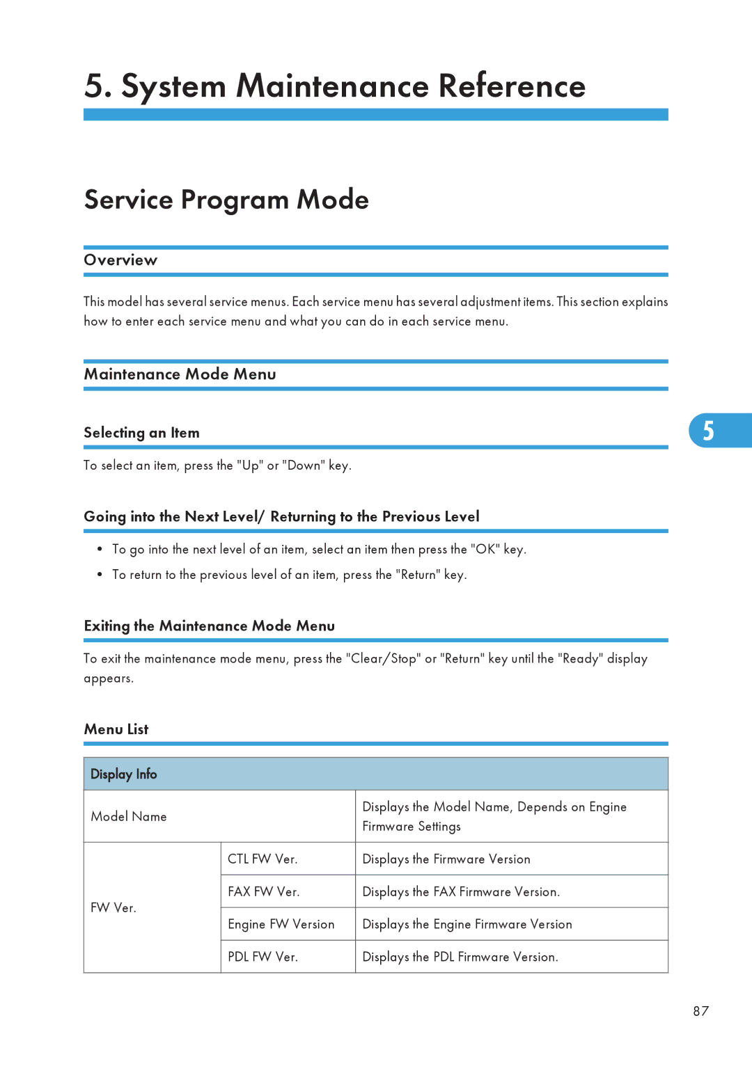 Ricoh 406460 service manual Service Program Mode, Overview, Maintenance Mode Menu 