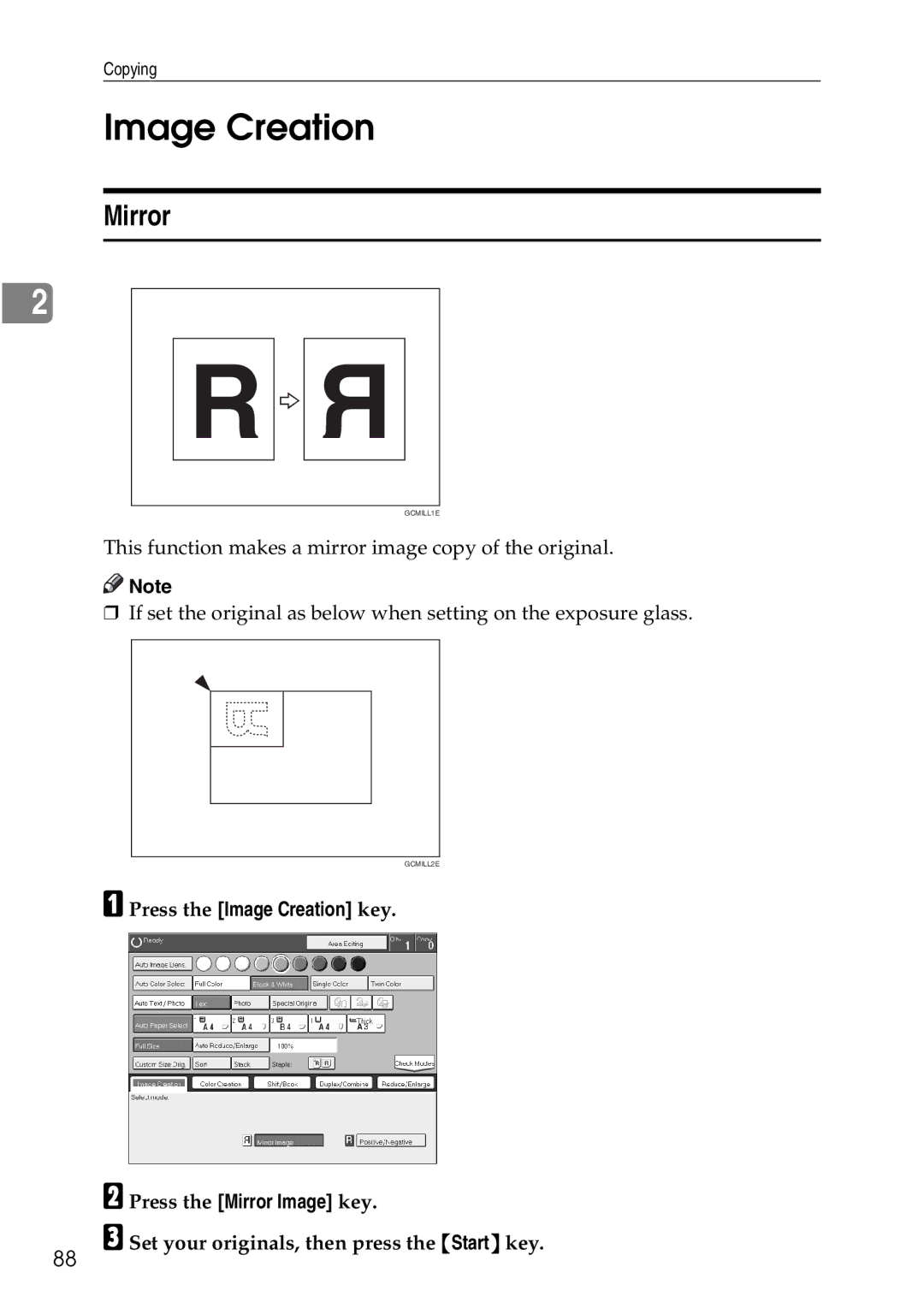 Ricoh 4506 operating instructions Press the Image Creation key Press the Mirror Image key 