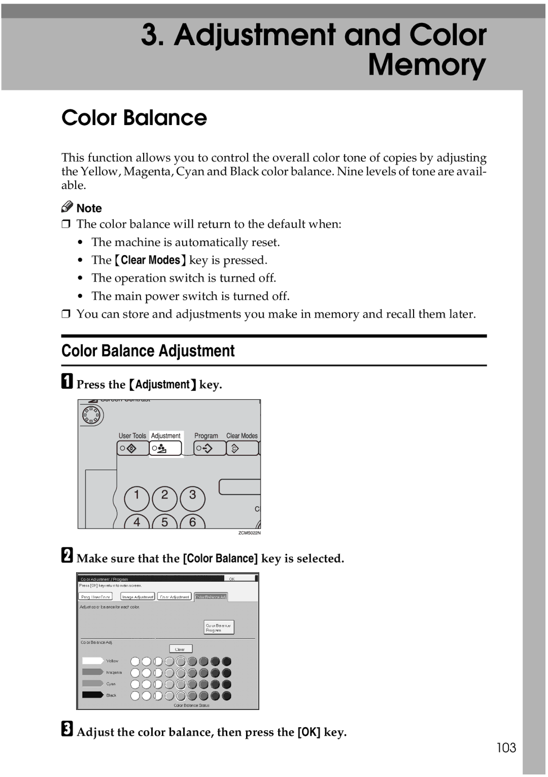 Ricoh 4506 operating instructions Color Balance Adjustment, 103 