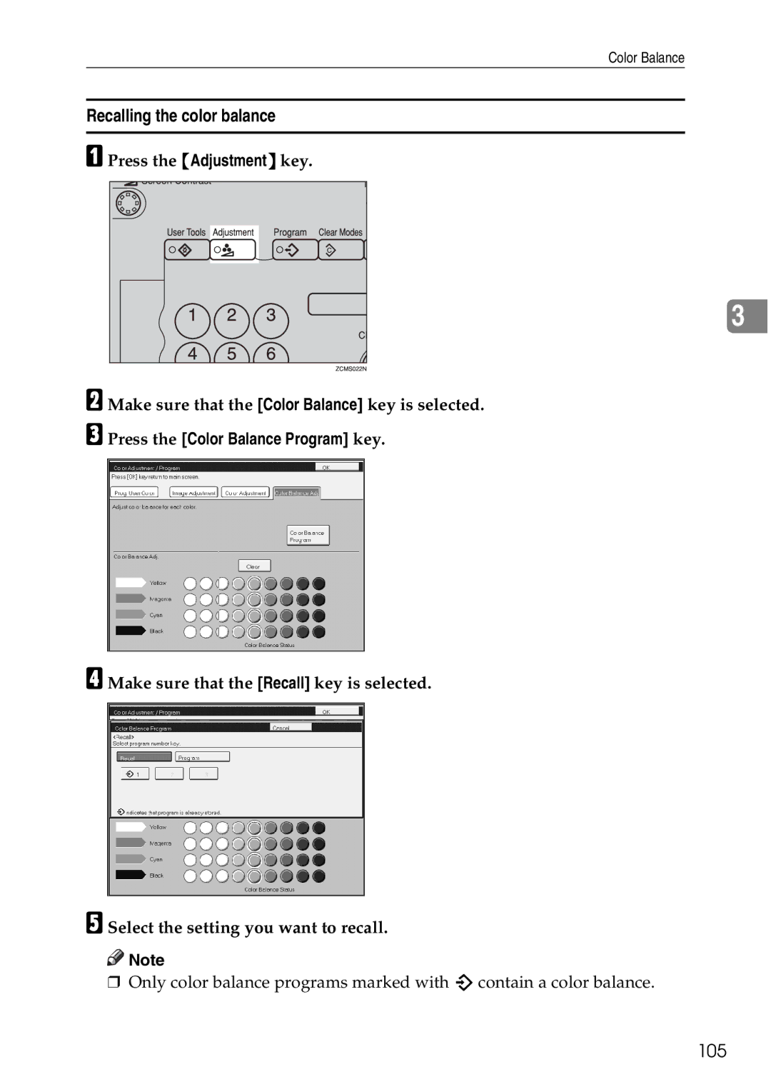 Ricoh 4506 operating instructions Recalling the color balance, 105 