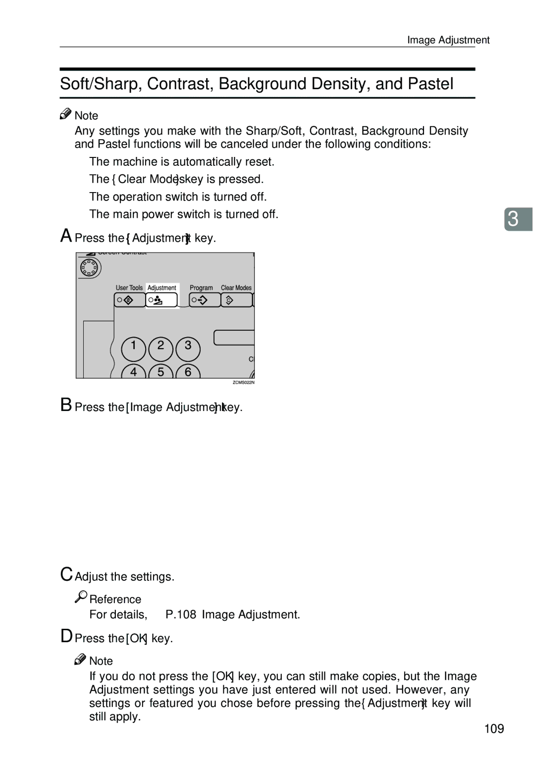 Ricoh 4506 operating instructions Soft/Sharp, Contrast, Background Density, and Pastel, 109, Press the Image Adjustment key 