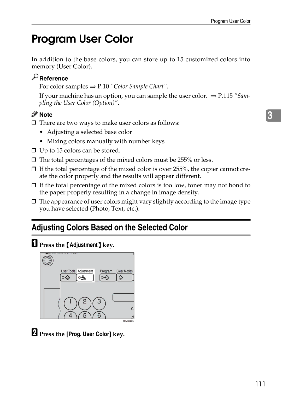 Ricoh 4506 Program User Color, Adjusting Colors Based on the Selected Color, 111, Press the Prog. User Color key 