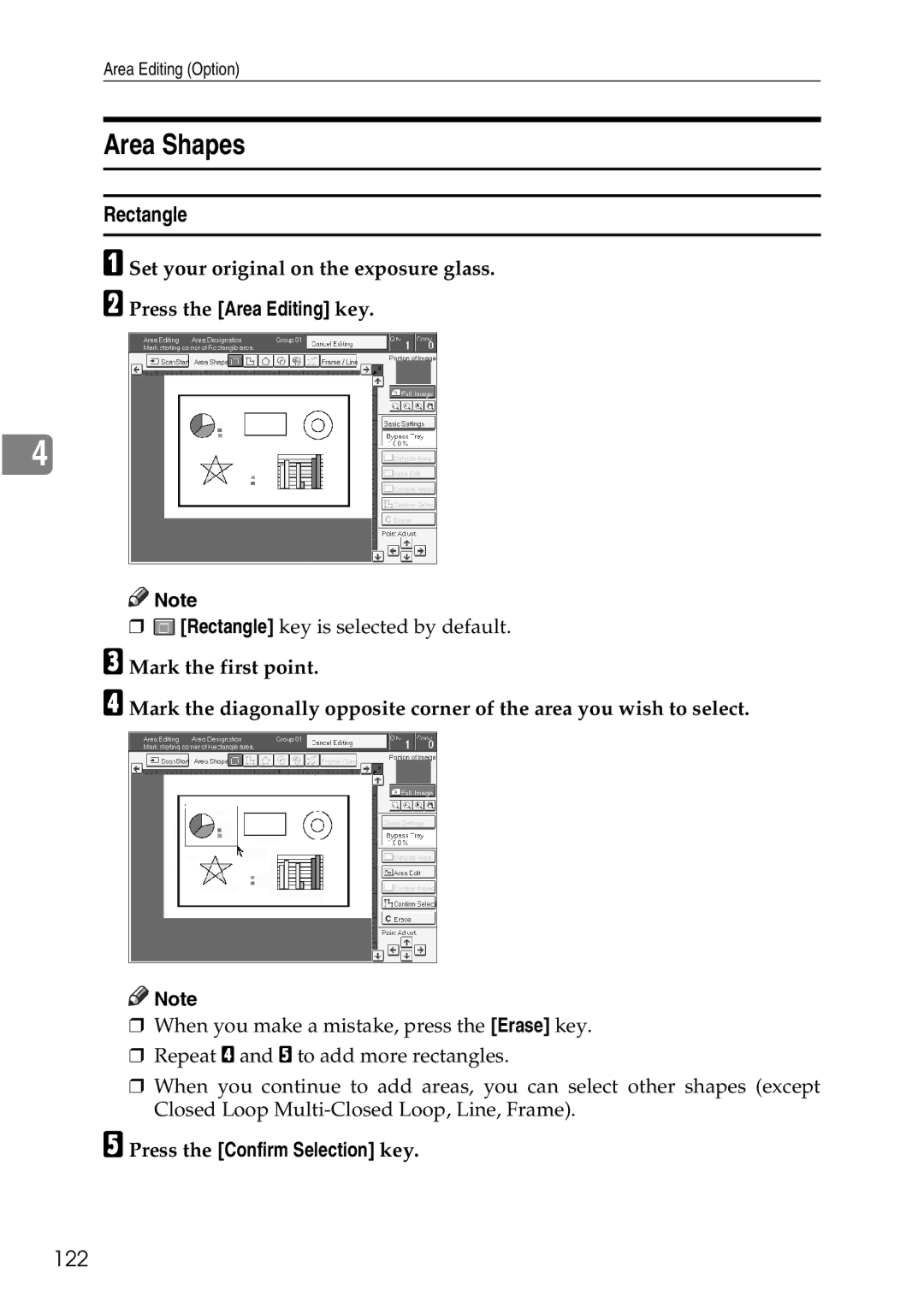 Ricoh 4506 operating instructions Area Shapes, Rectangle, 122, Press the Confirm Selection key 