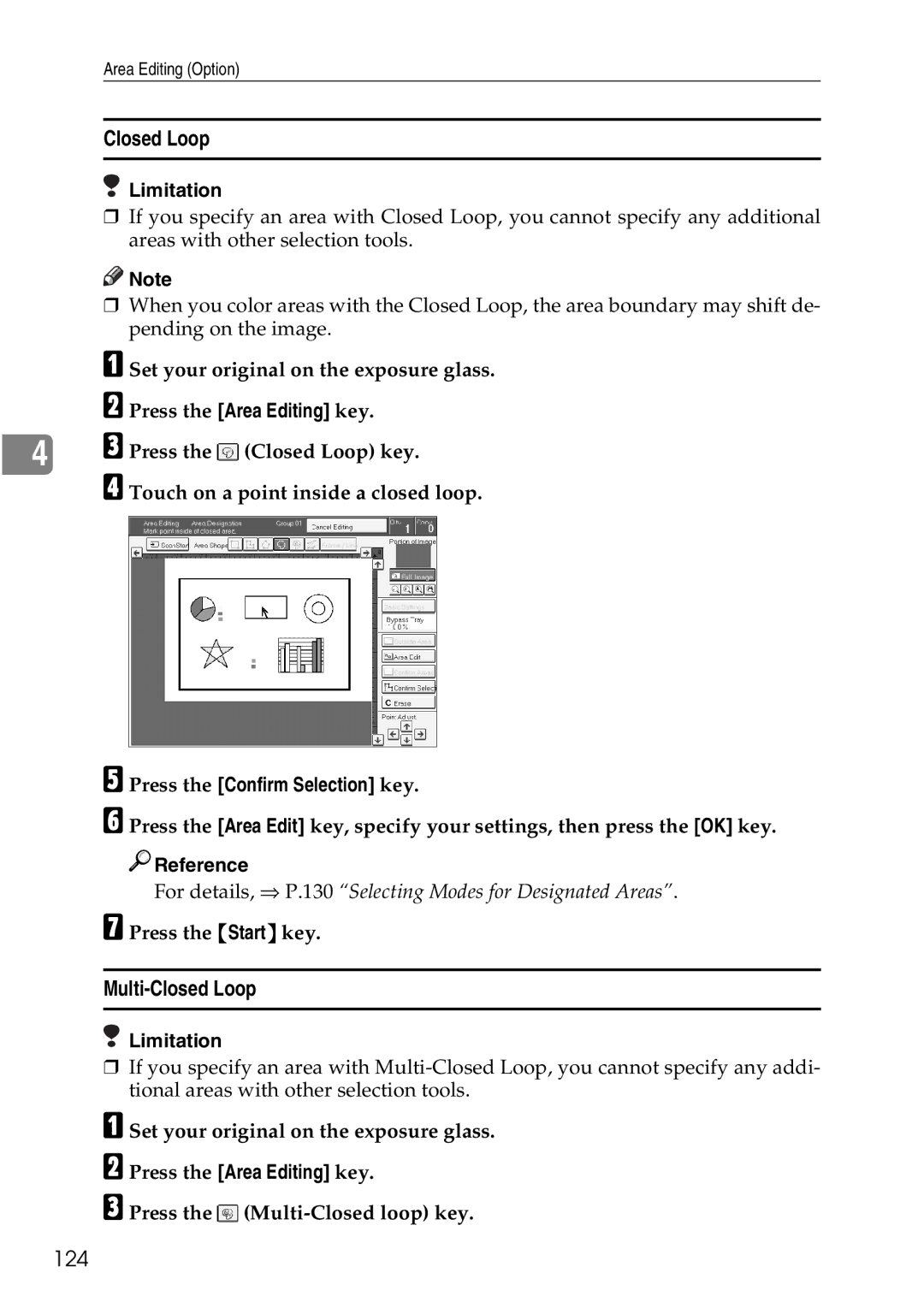 Ricoh 4506 operating instructions Multi-Closed Loop, 124, Press the Area Editing key 