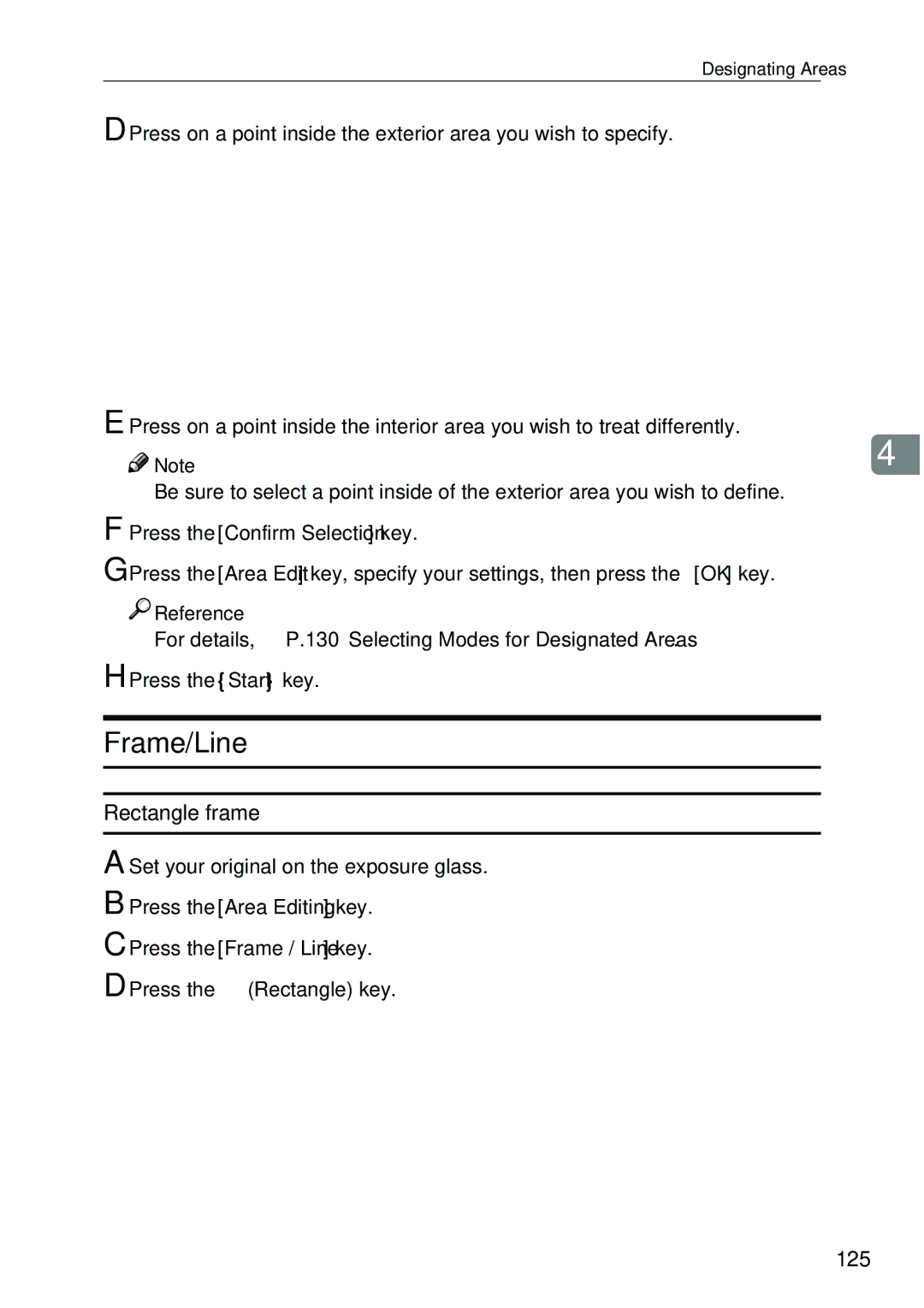 Ricoh 4506 operating instructions Frame/Line, Rectangle frame, 125, Press the Frame / Line key 