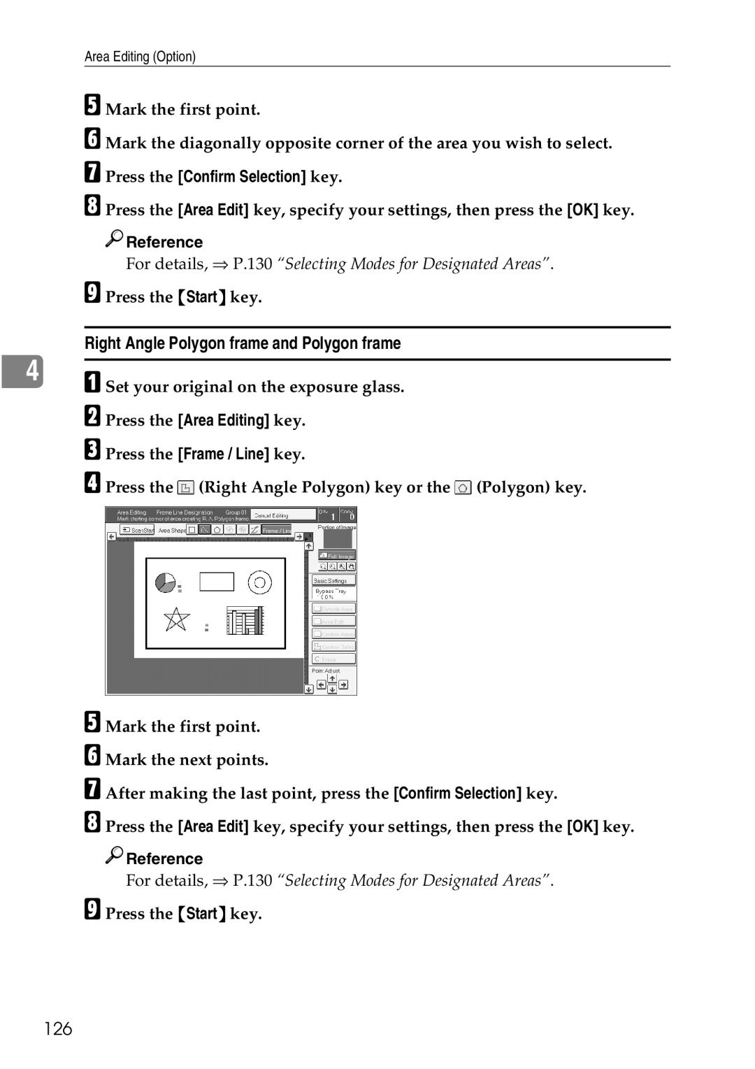 Ricoh 4506 Right Angle Polygon frame and Polygon frame, 126, Press the Area Editing key Press the Frame / Line key 