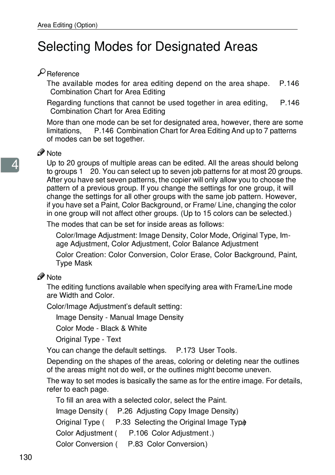 Ricoh 4506 operating instructions Selecting Modes for Designated Areas, 130 