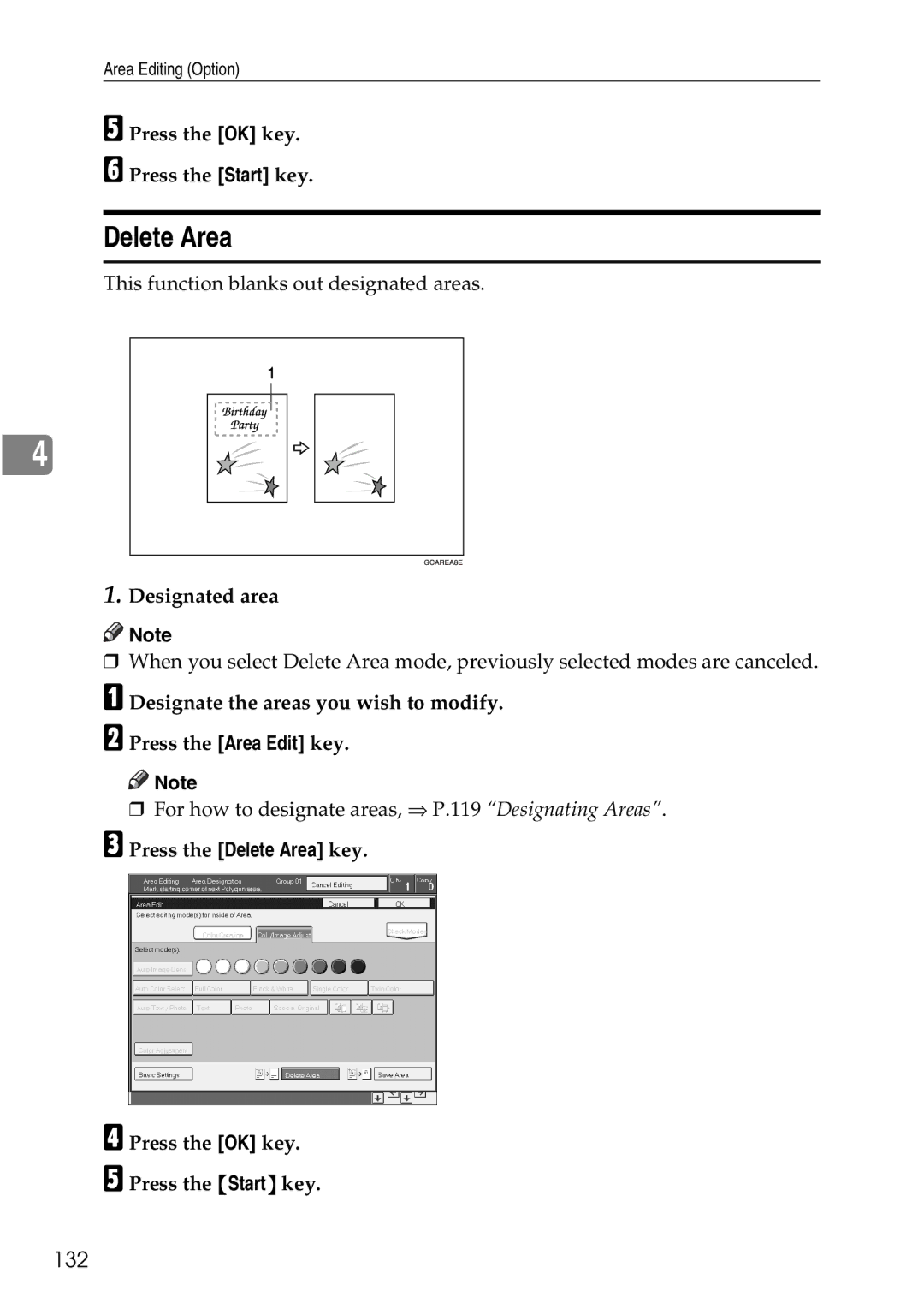 Ricoh 4506 operating instructions Delete Area, 132 