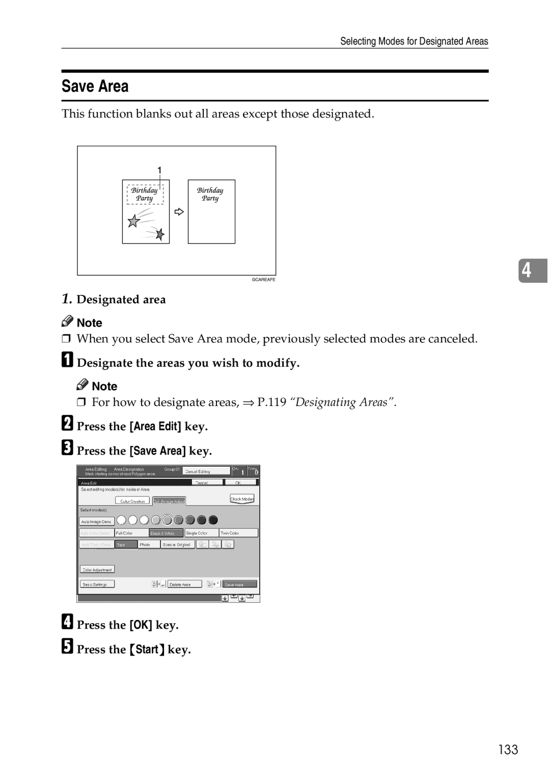 Ricoh 4506 operating instructions Save Area, 133 