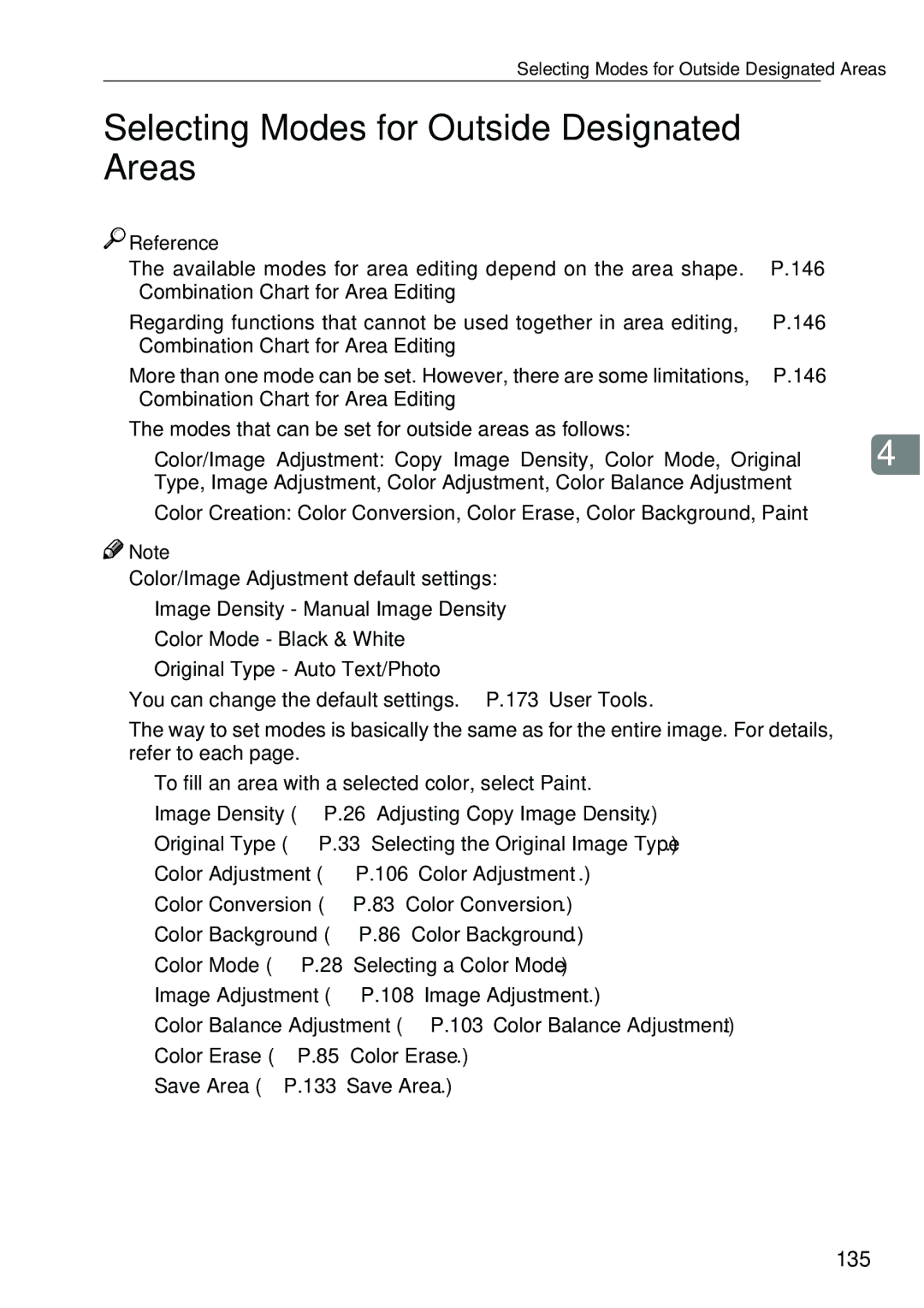 Ricoh 4506 operating instructions Selecting Modes for Outside Designated Areas, 135 