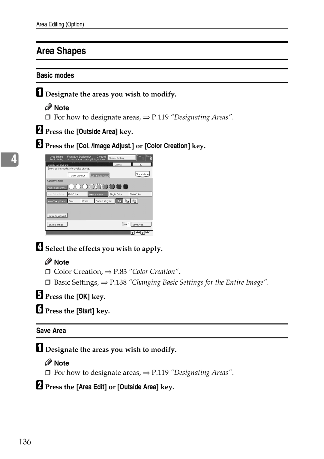 Ricoh 4506 operating instructions Save Area, 136, Press the Area Edit or Outside Area key 