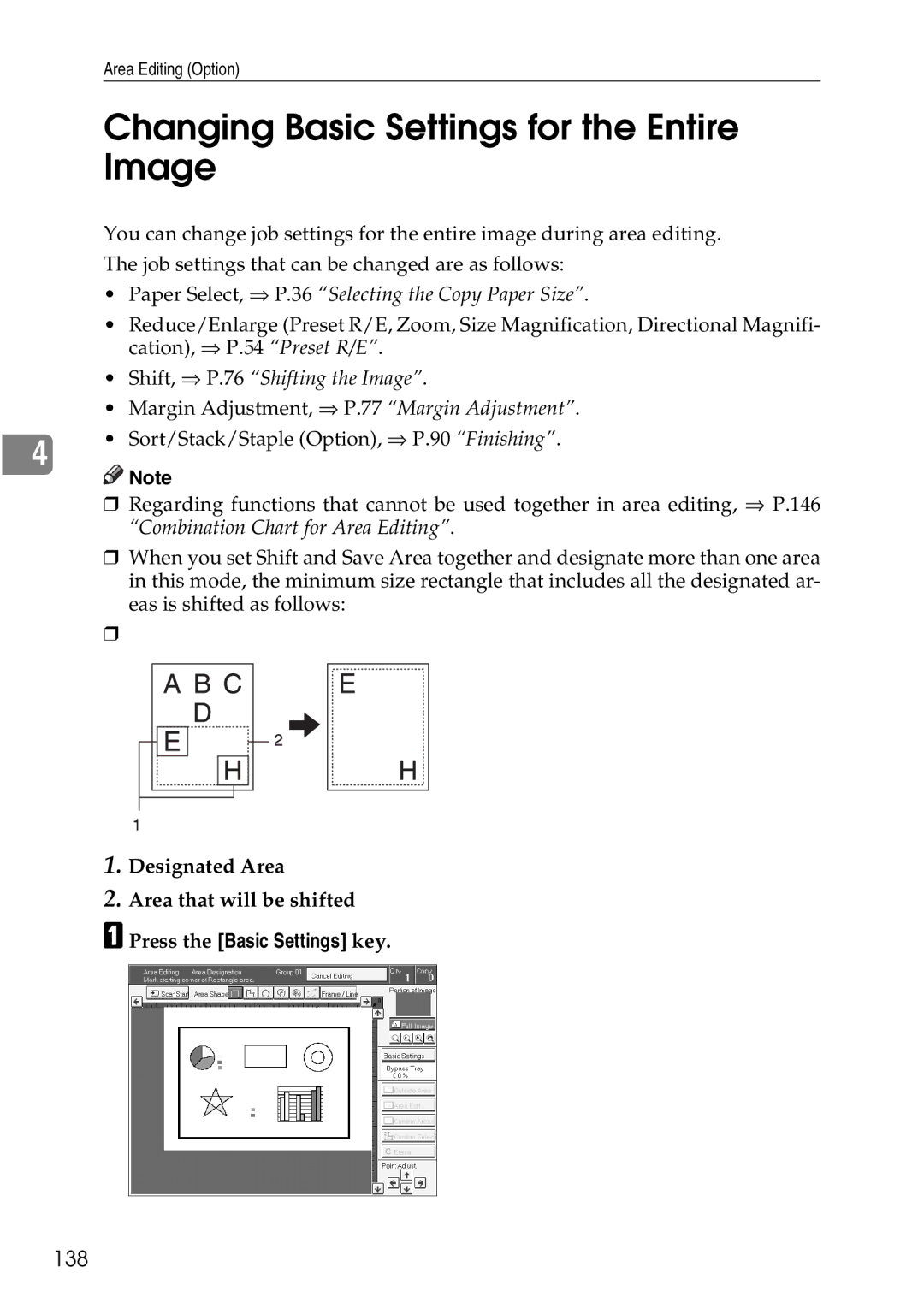 Ricoh 4506 operating instructions Changing Basic Settings for the Entire Image, 138, Press the Basic Settings key 