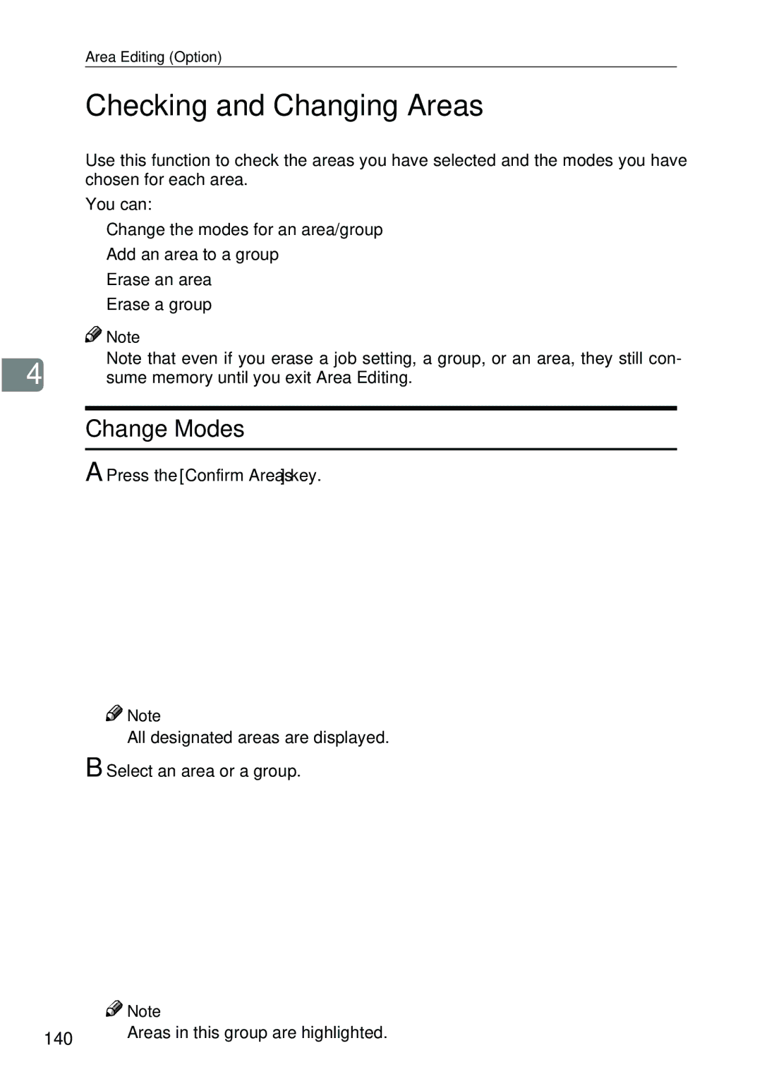 Ricoh 4506 operating instructions Checking and Changing Areas, Change Modes, 140, Press the Confirm Areas key 