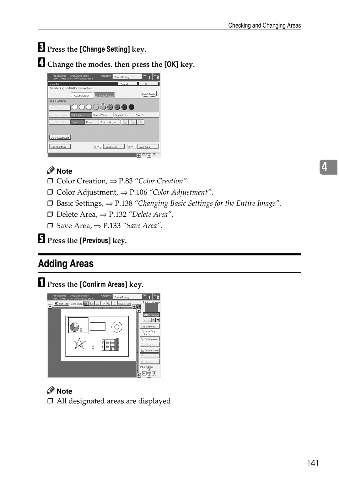 Ricoh 4506 operating instructions Adding Areas, 141, Press the Change Setting key 