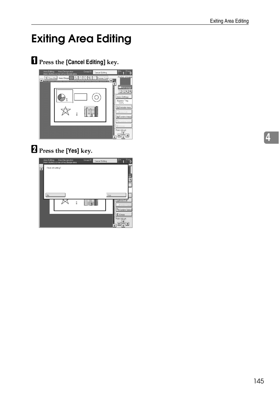 Ricoh 4506 operating instructions Exiting Area Editing, 145, Press the Cancel Editing key 