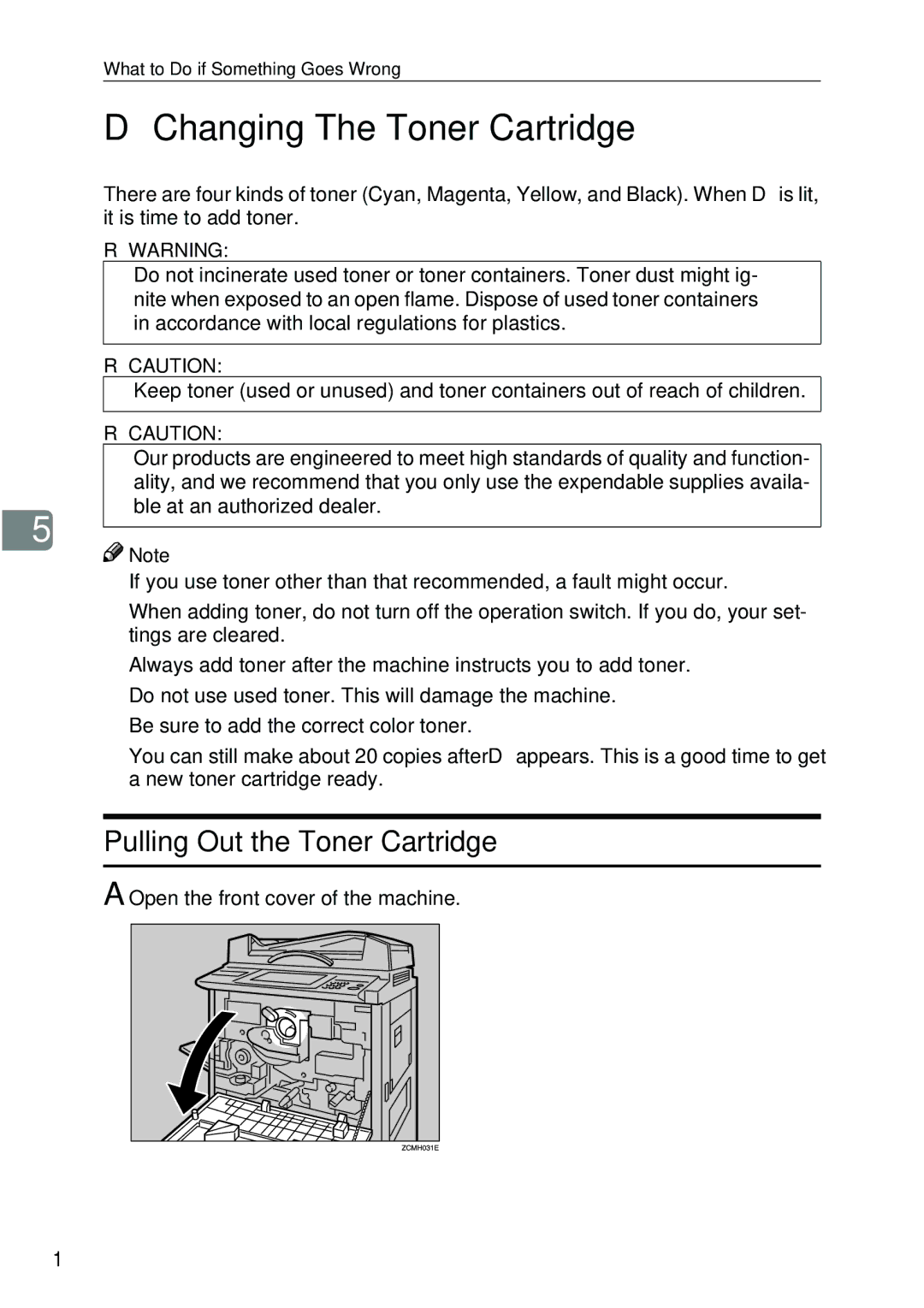 Ricoh 4506 operating instructions Changing The Toner Cartridge, Pulling Out the Toner Cartridge, 156 