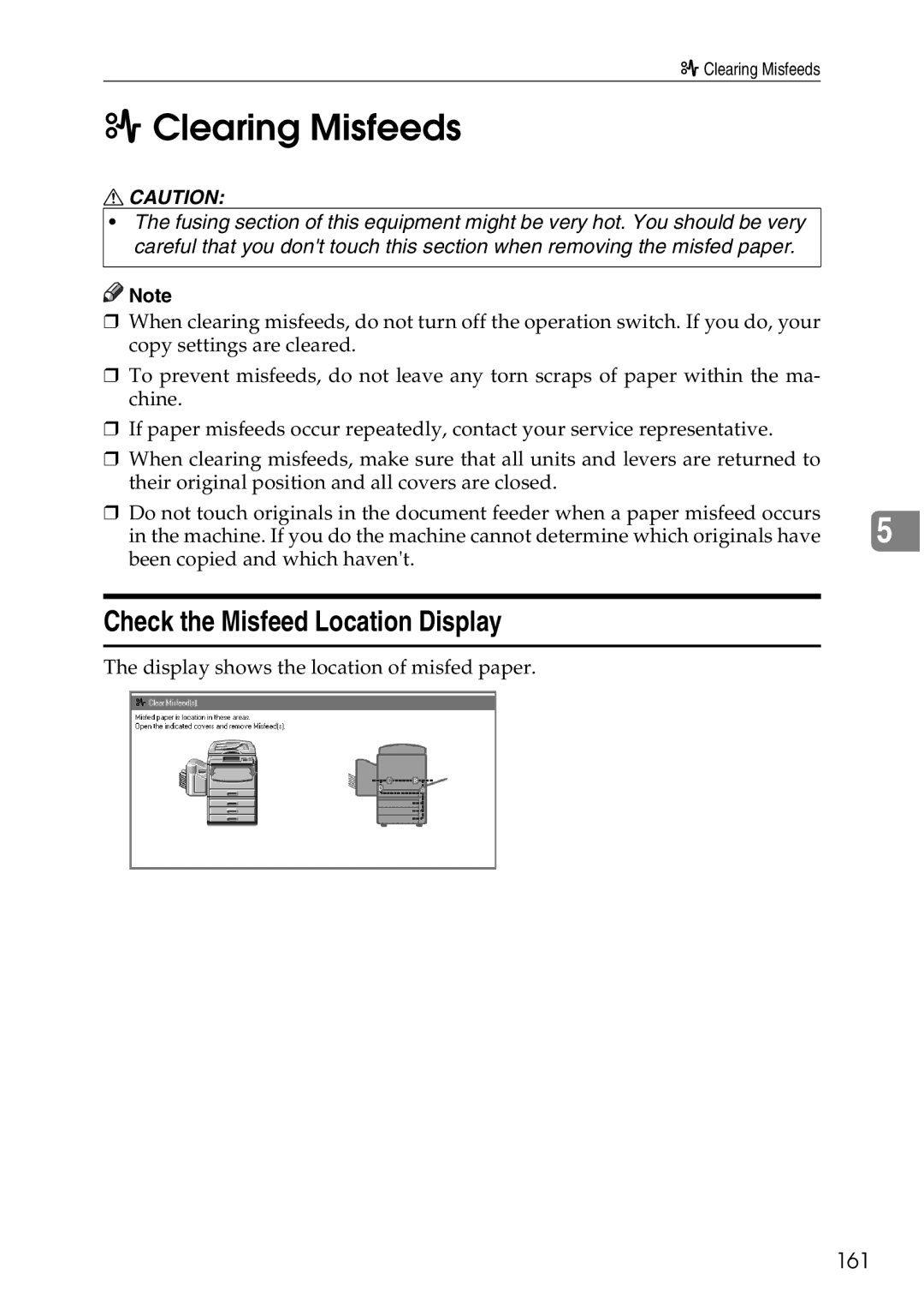 Ricoh 4506 operating instructions Clearing Misfeeds, Check the Misfeed Location Display, 161 