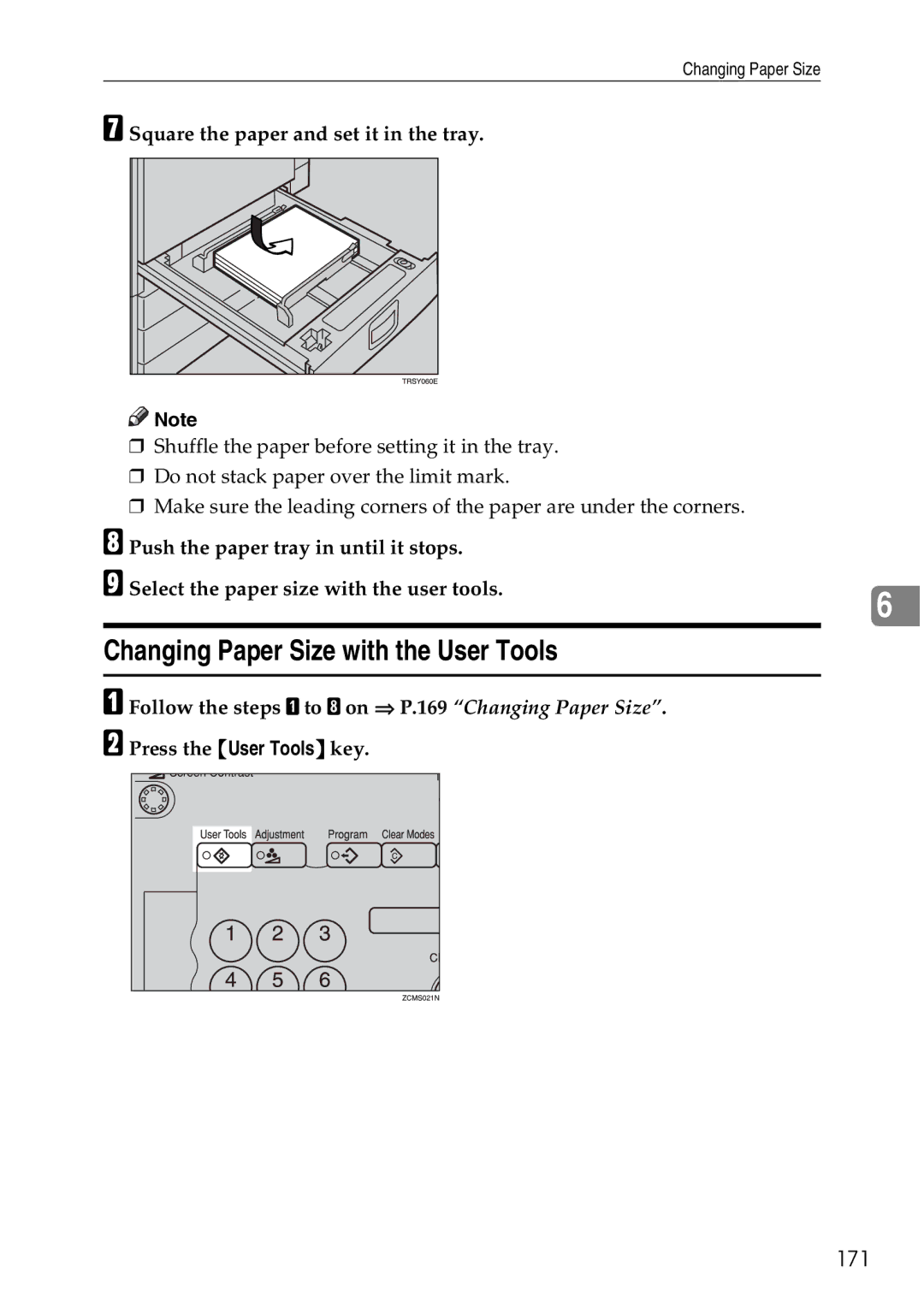 Ricoh 4506 operating instructions Changing Paper Size with the User Tools, 171 