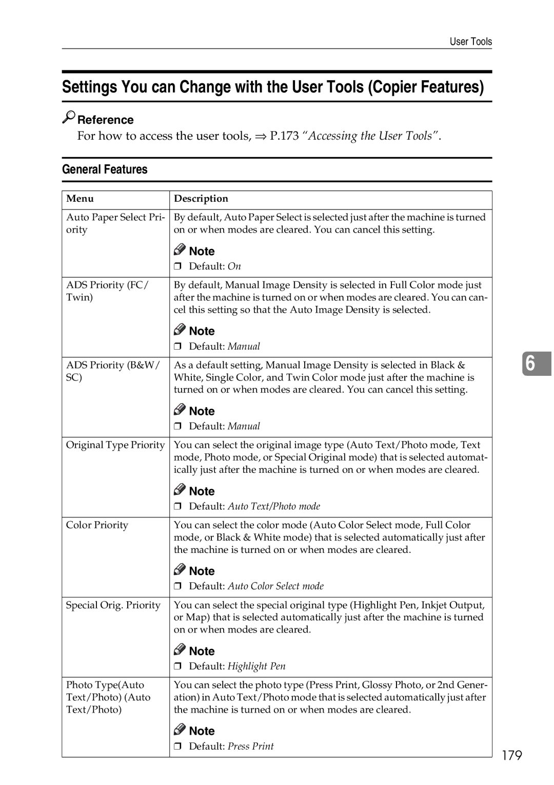 Ricoh 4506 operating instructions General Features, 179 