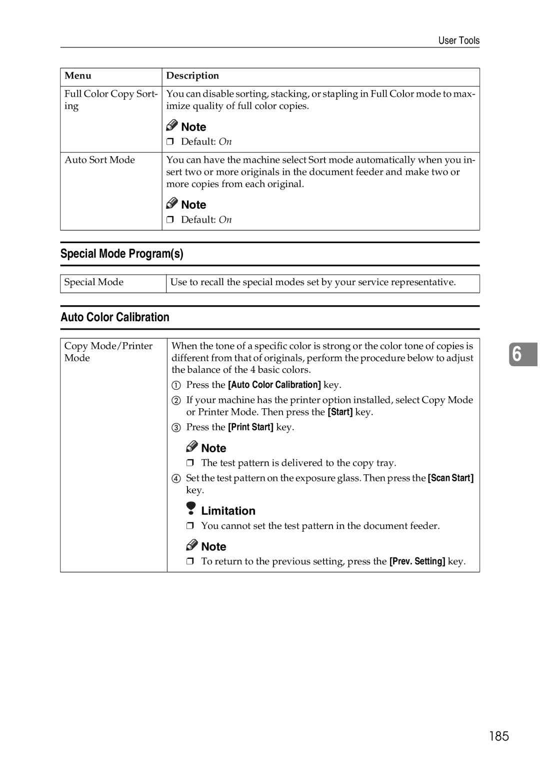 Ricoh 4506 operating instructions Special Mode Programs, Auto Color Calibration, 185 