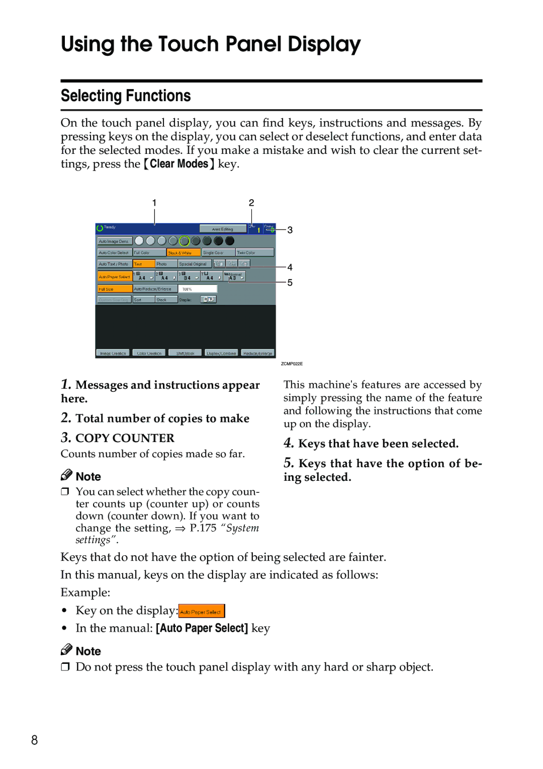 Ricoh 4506 operating instructions Using the Touch Panel Display, Selecting Functions, Manual Auto Paper Select key 