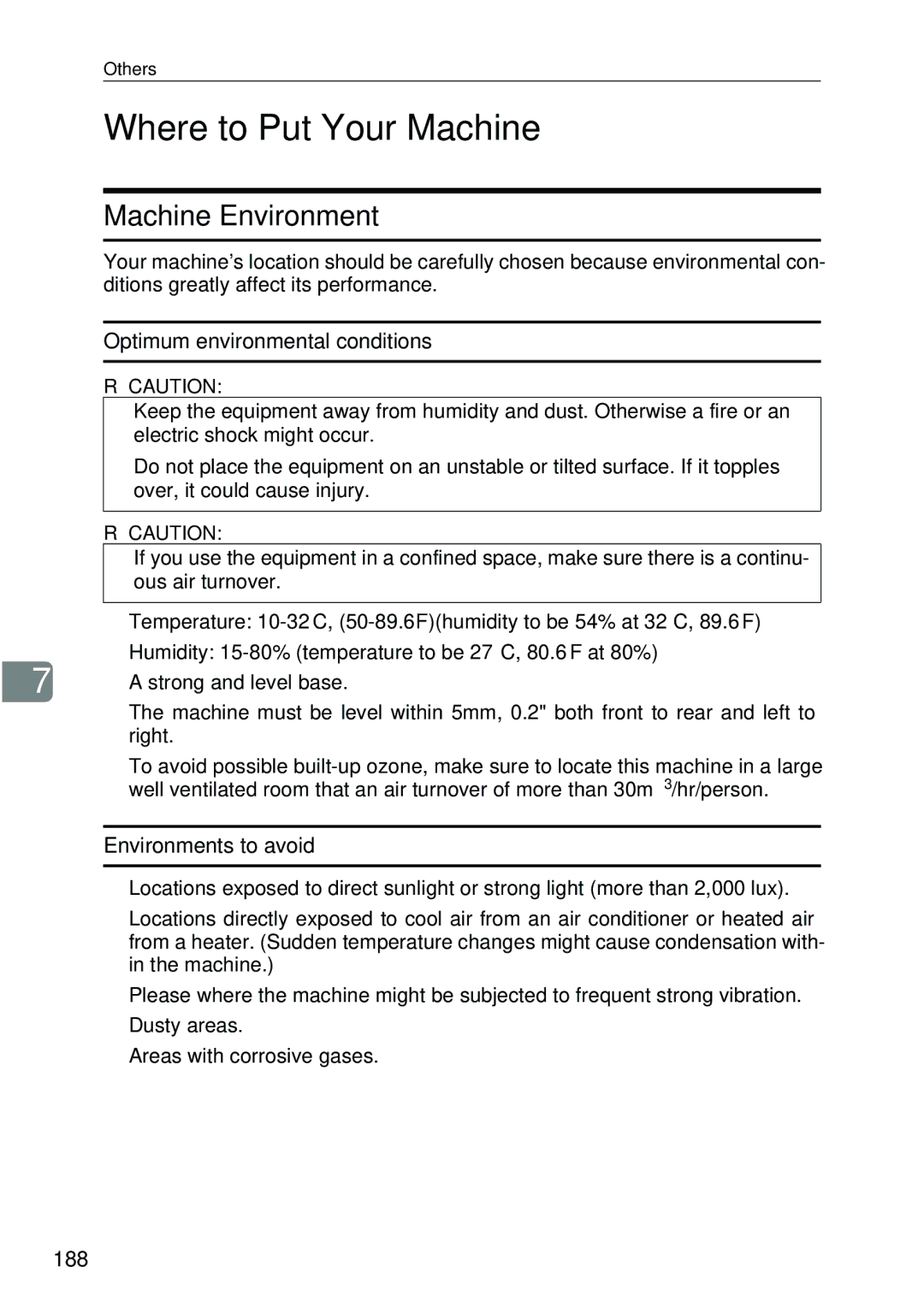 Ricoh 4506 Where to Put Your Machine, Machine Environment, Optimum environmental conditions, Environments to avoid, 188 