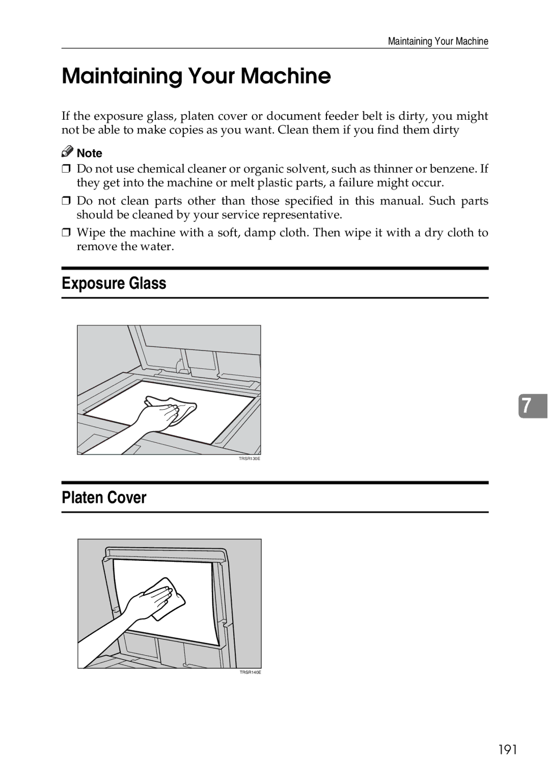 Ricoh 4506 operating instructions Maintaining Your Machine, Exposure Glass, Platen Cover, 191 