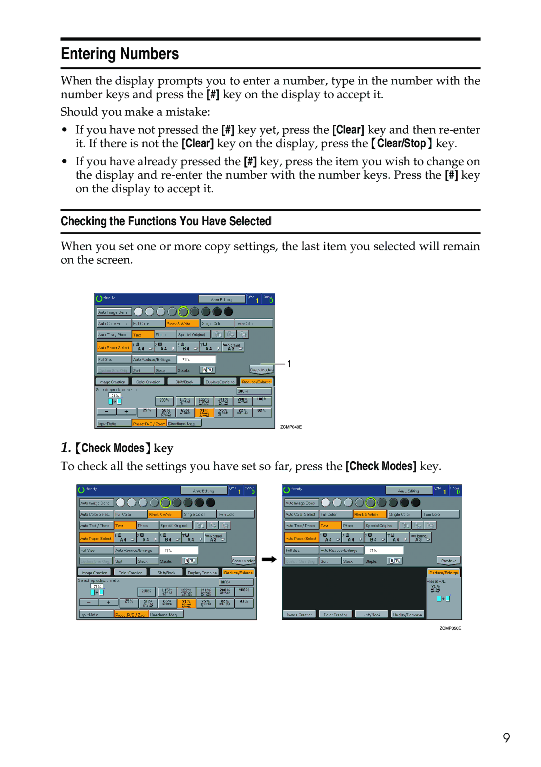 Ricoh 4506 operating instructions Entering Numbers, Checking the Functions You Have Selected, Check Modes key 