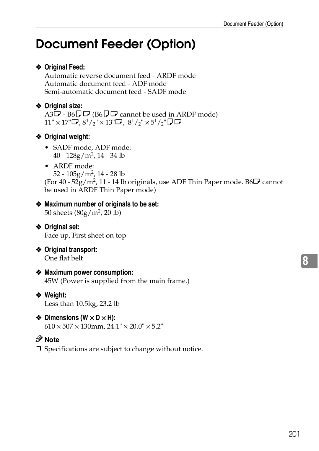 Ricoh 4506 operating instructions Document Feeder Option 