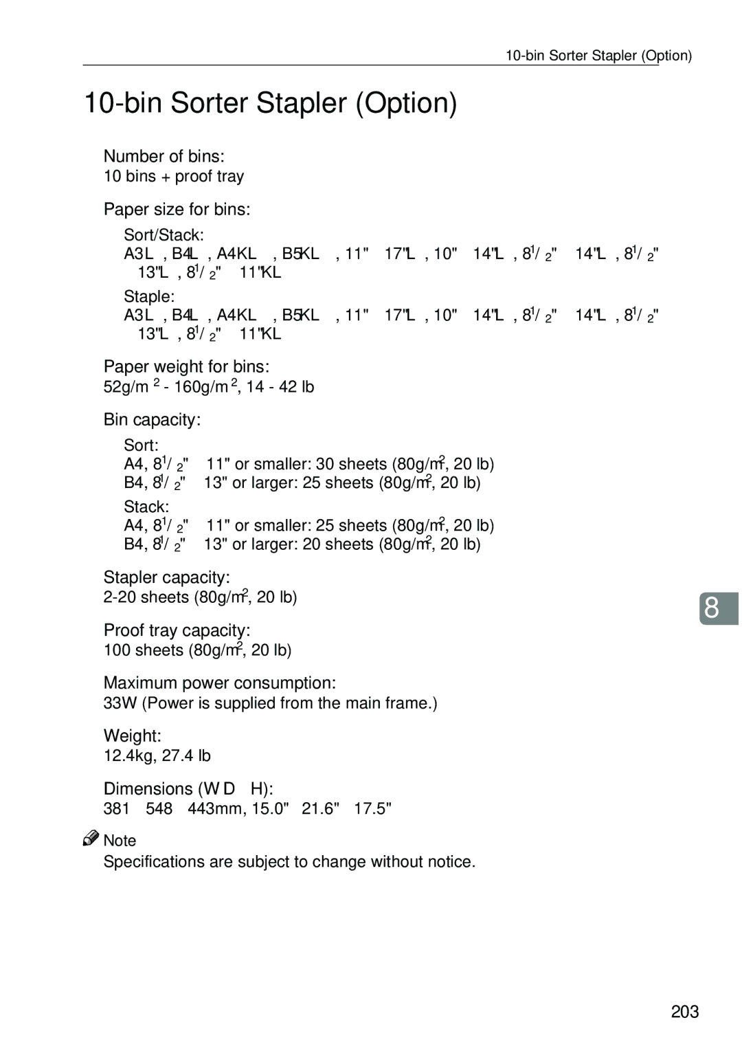 Ricoh 4506 operating instructions Paper size for bins, Bin capacity, Stapler capacity, 203 