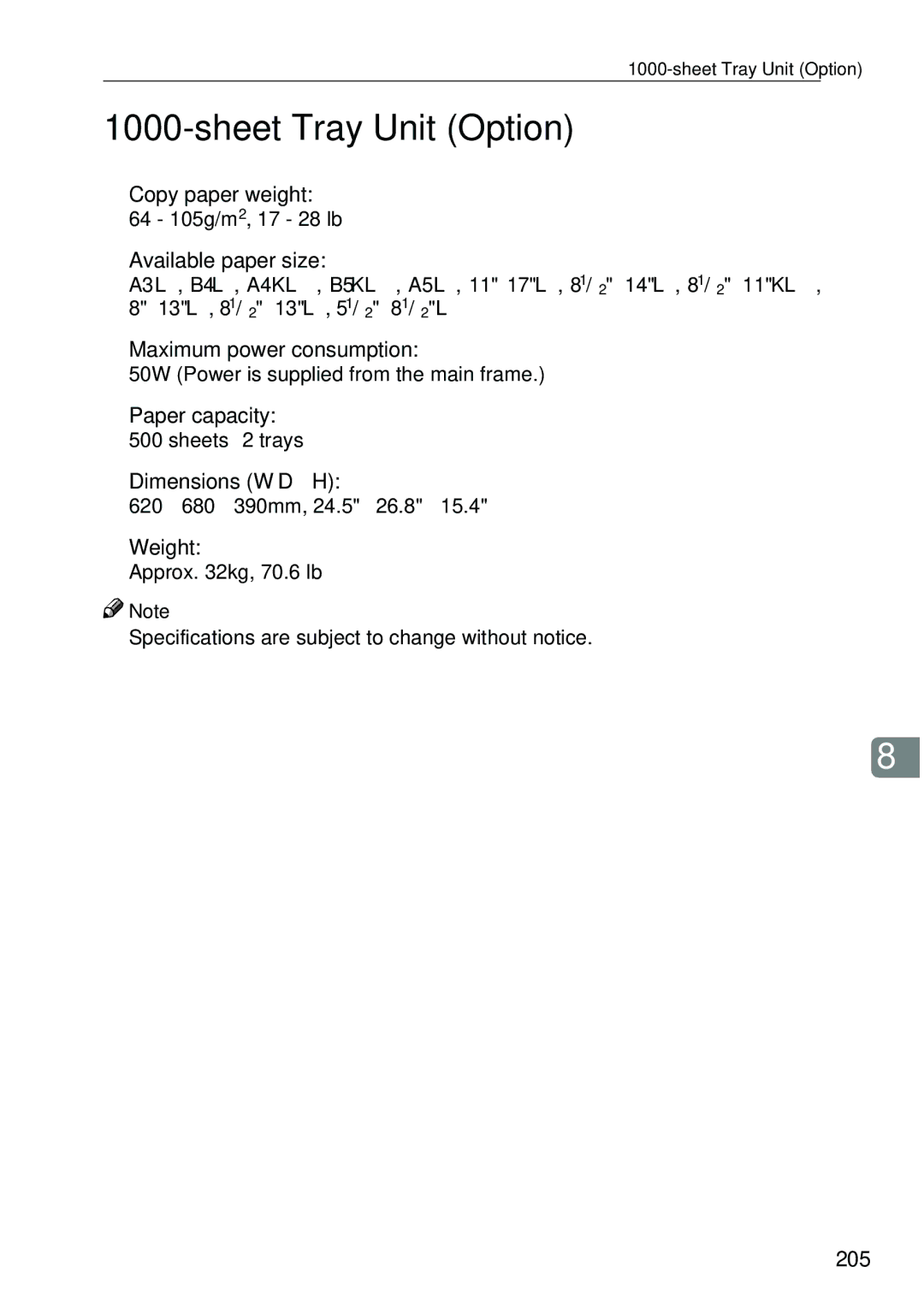 Ricoh 4506 operating instructions Sheet Tray Unit Option, Available paper size, Paper capacity, 205 