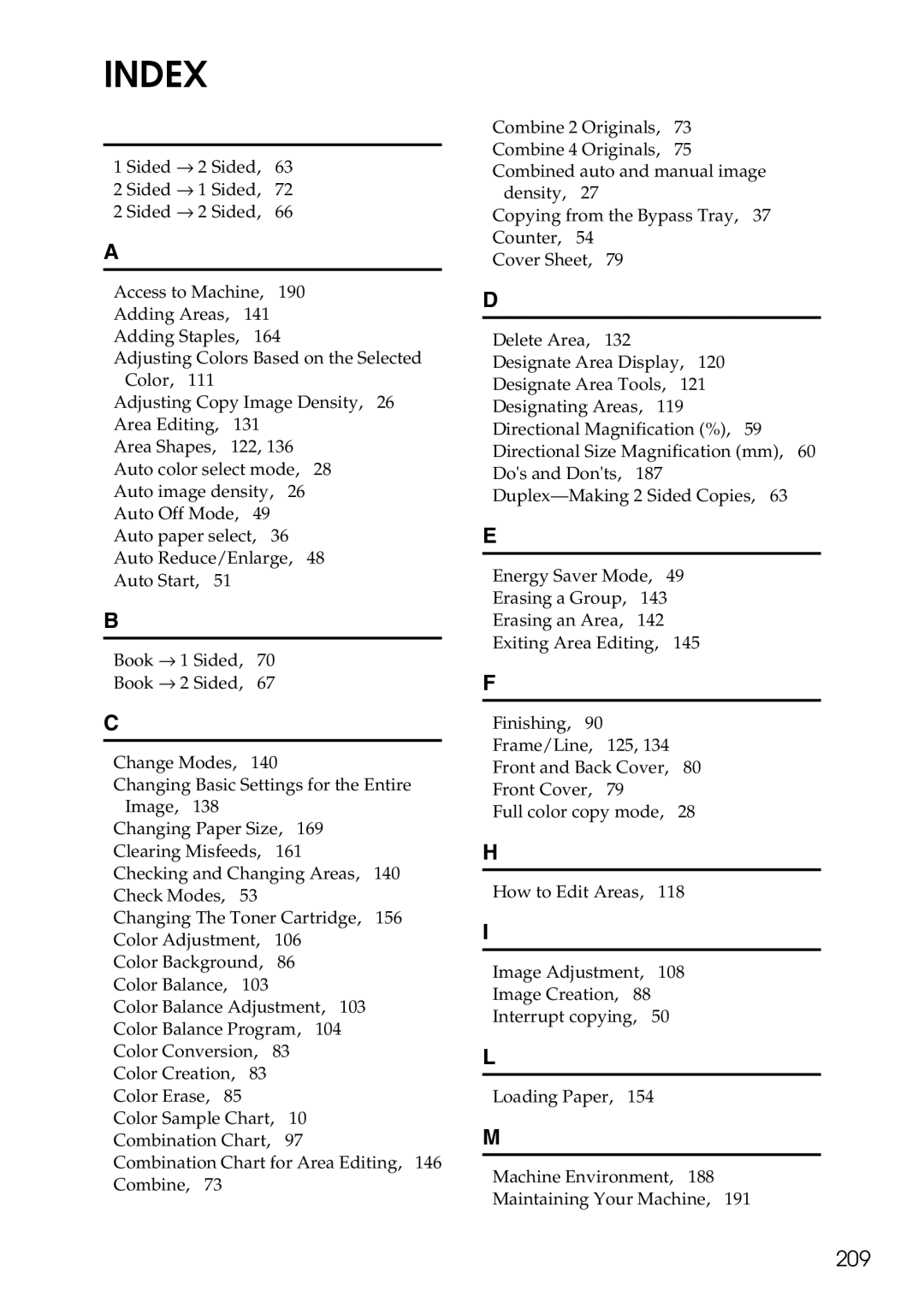 Ricoh 4506 operating instructions Index, 209 