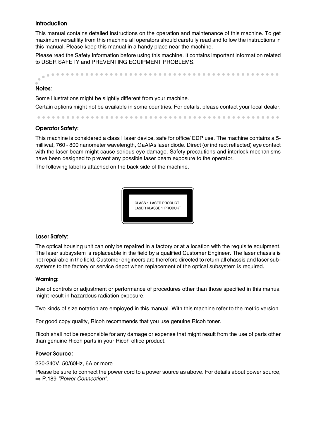 Ricoh 4506 operating instructions ⇒ P.189 Power Connection 