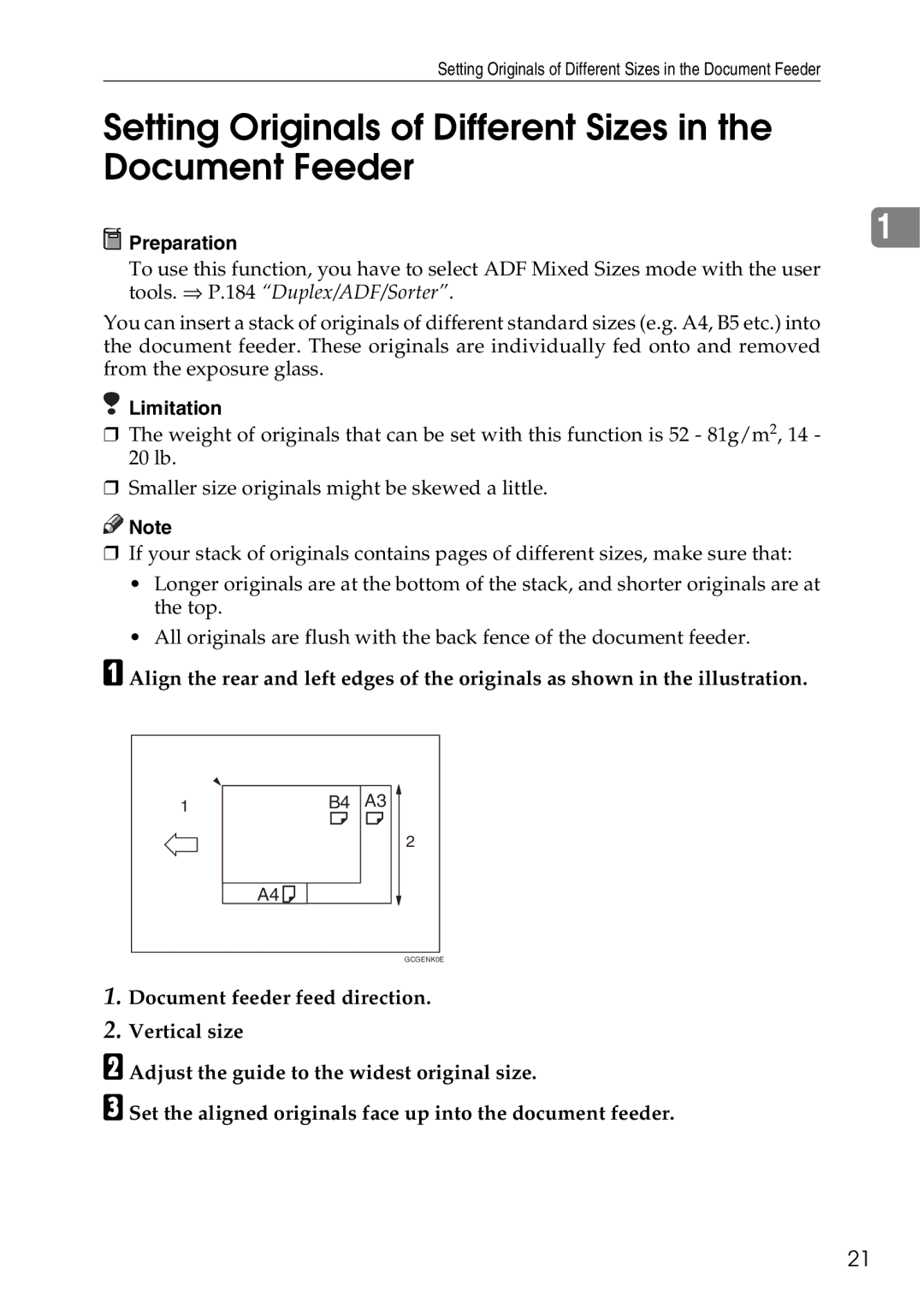 Ricoh 4506 operating instructions Setting Originals of Different Sizes in the Document Feeder, Preparation 