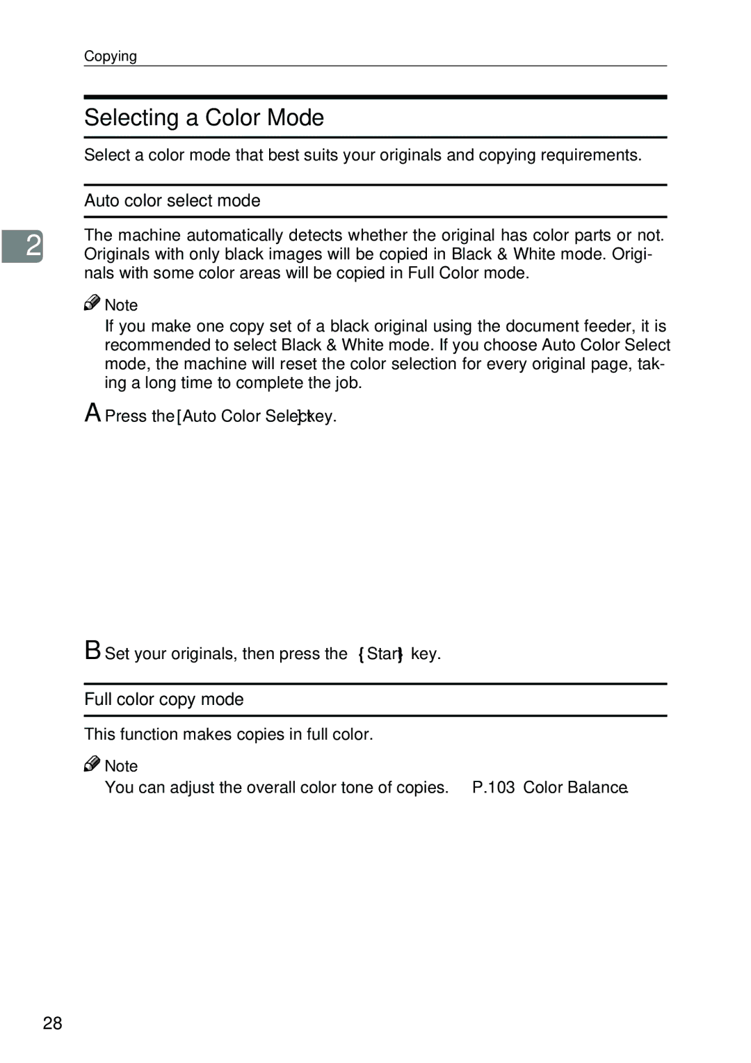 Ricoh 4506 Selecting a Color Mode, Auto color select mode, Full color copy mode, Press the Auto Color Select key 