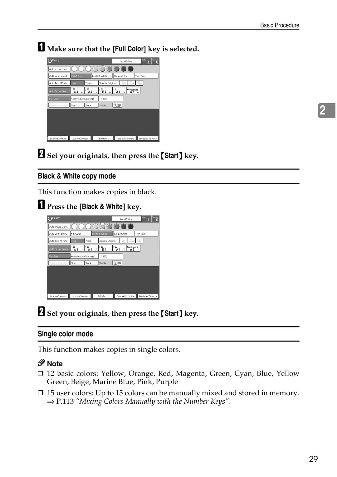 Ricoh 4506 operating instructions Black & White copy mode, Single color mode, Press the Black & White key 