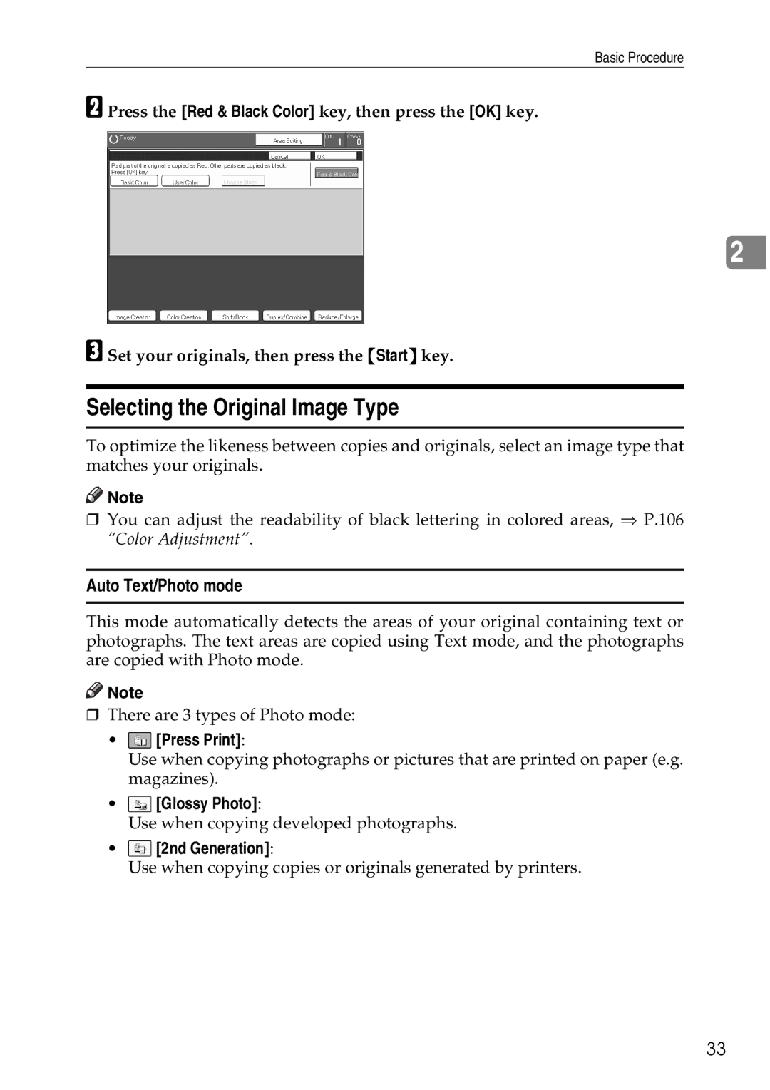 Ricoh 4506 Selecting the Original Image Type, Auto Text/Photo mode, Press Print, Glossy Photo, 2nd Generation 