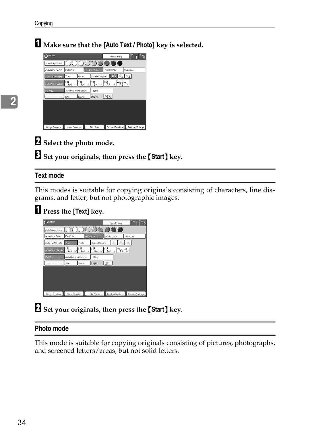 Ricoh 4506 operating instructions Text mode, Photo mode 