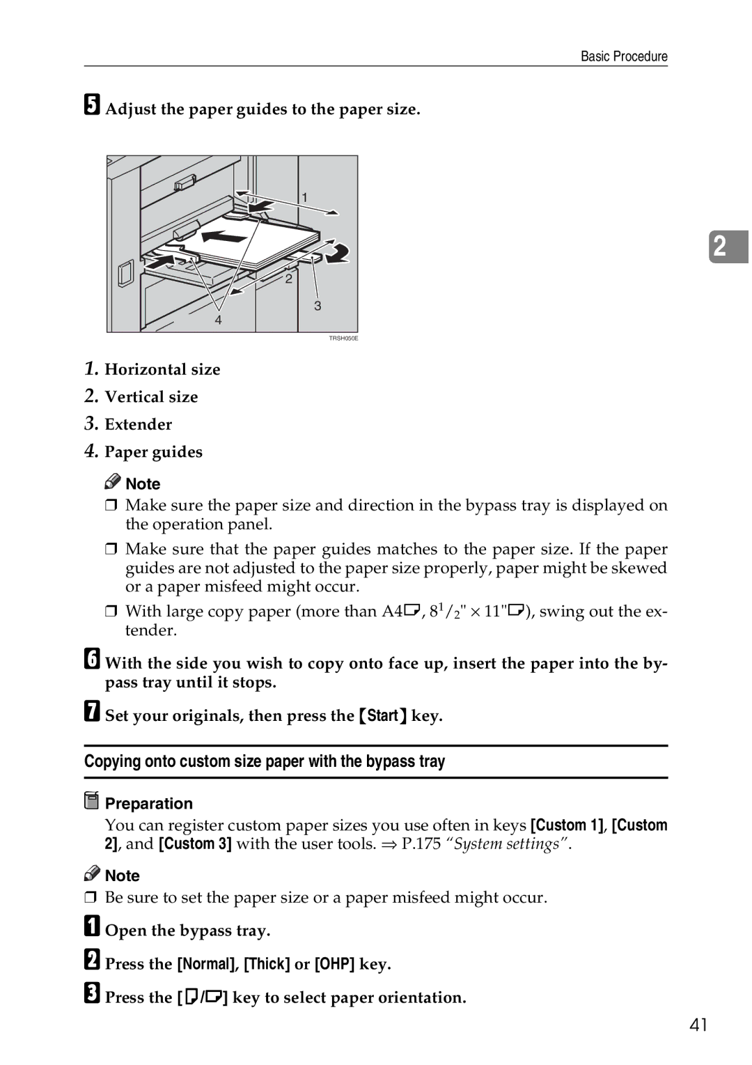 Ricoh 4506 Copying onto custom size paper with the bypass tray, Horizontal size Vertical size Extender Paper guides 