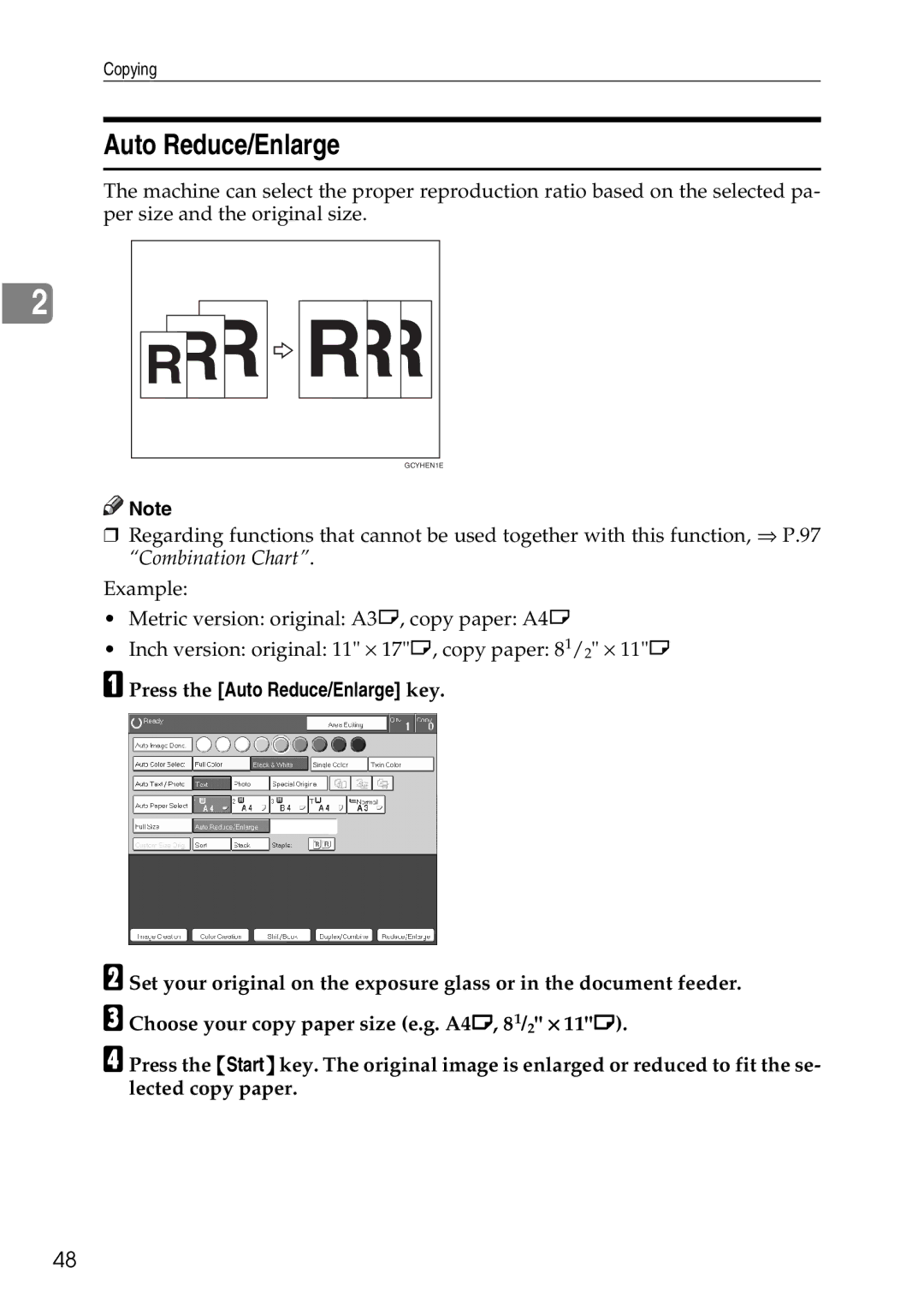 Ricoh 4506 operating instructions Press the Auto Reduce/Enlarge key 