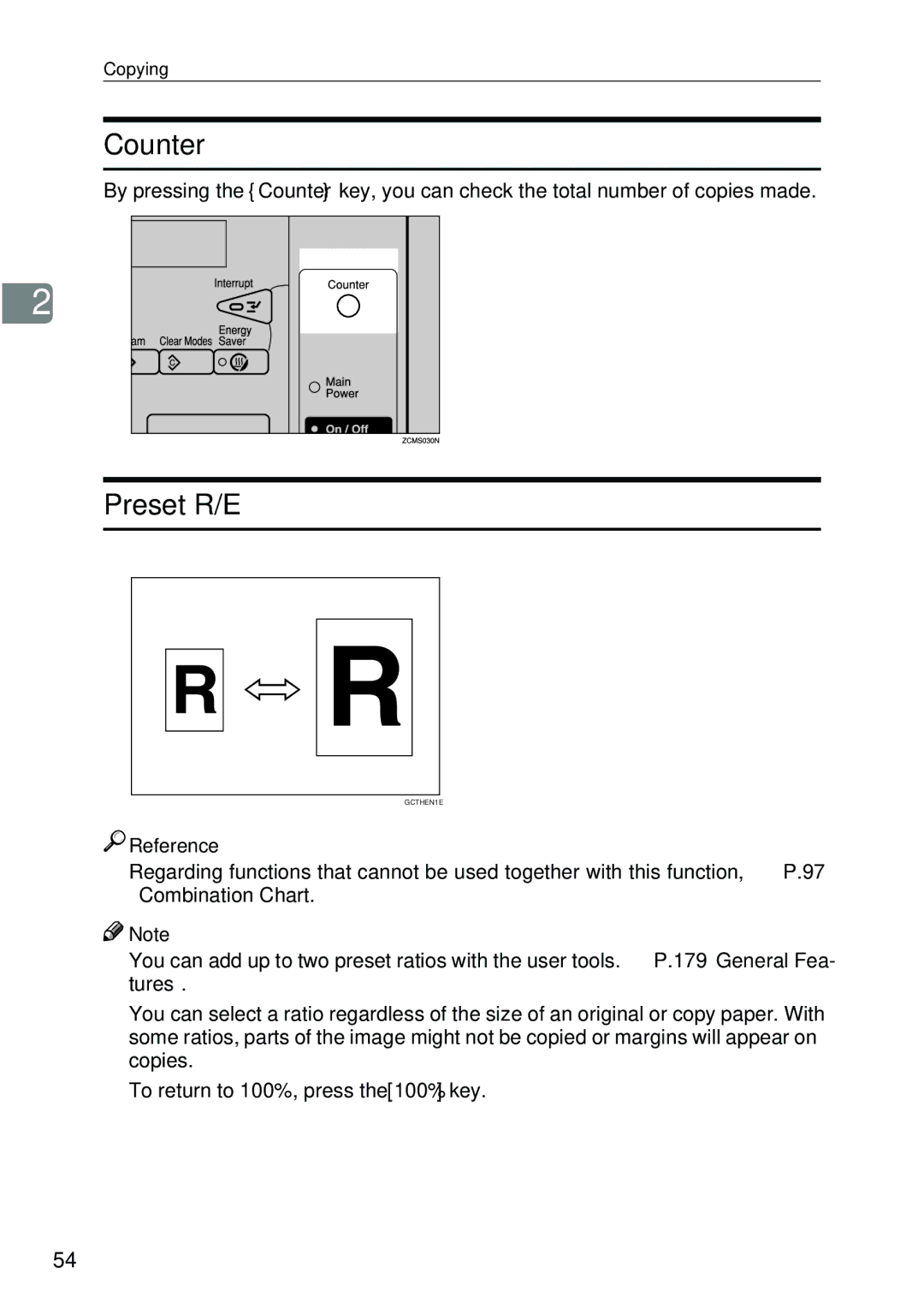 Ricoh 4506 operating instructions Counter, Preset R/E 