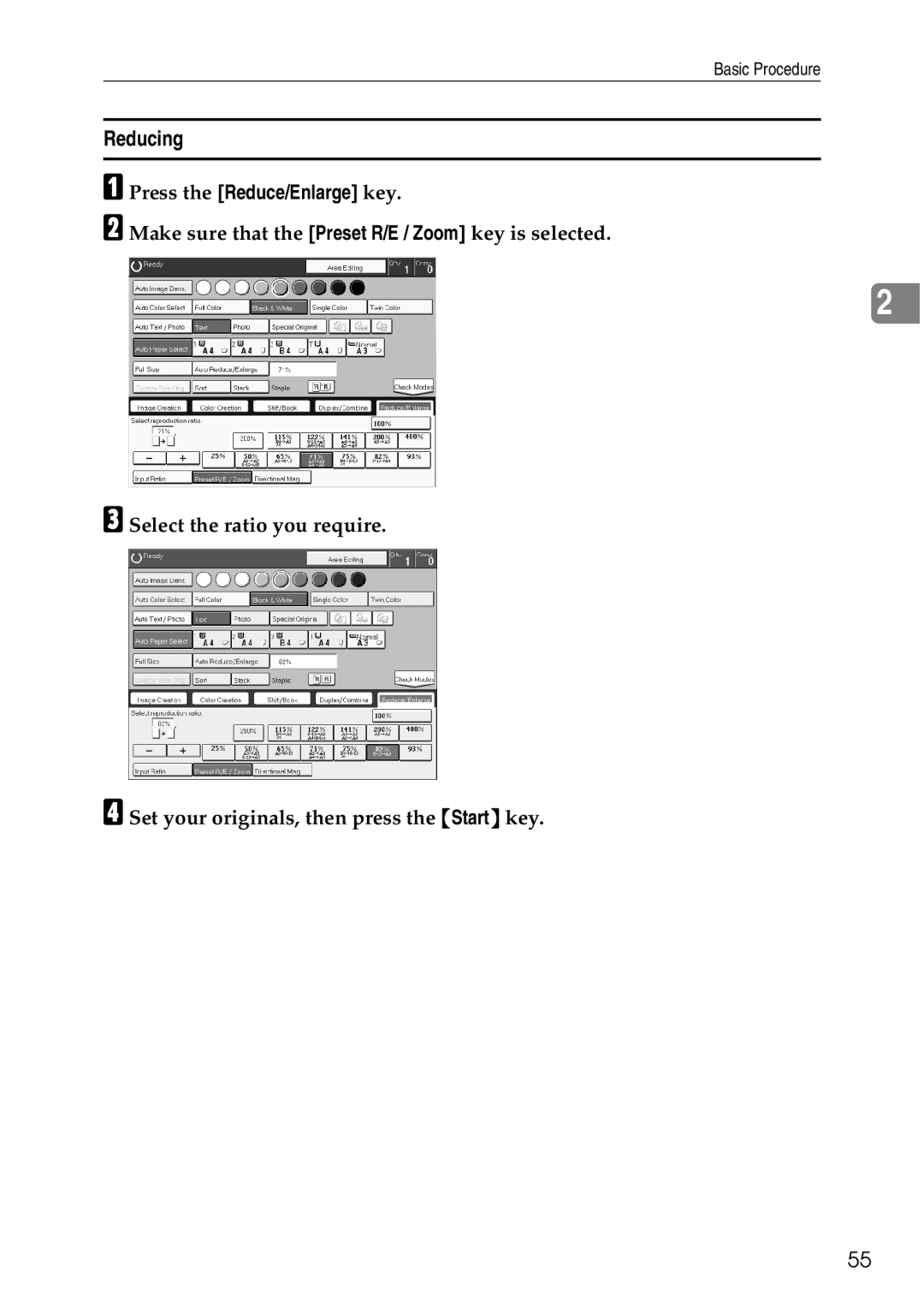 Ricoh 4506 operating instructions Reducing, Press the Reduce/Enlarge key 