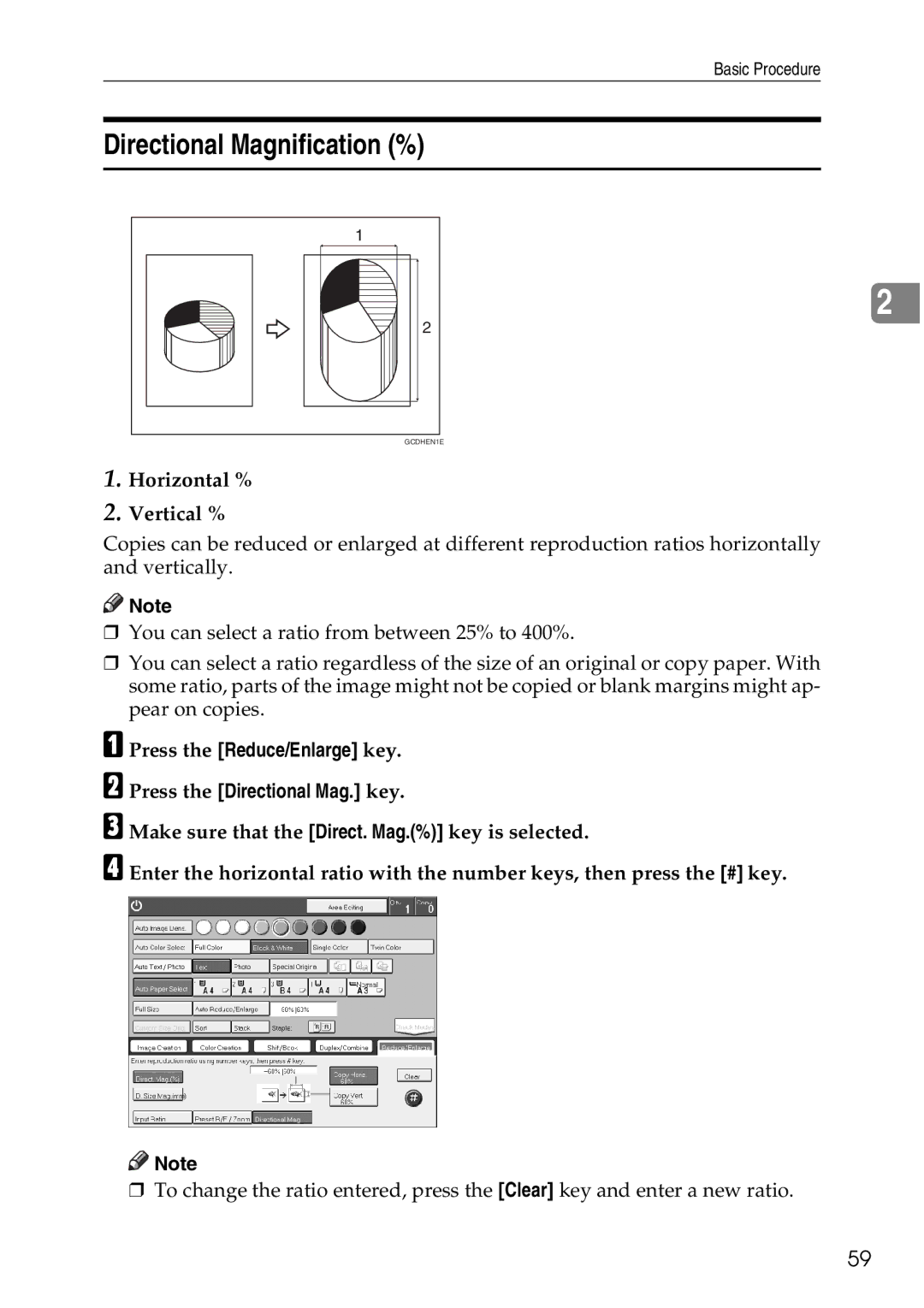 Ricoh 4506 operating instructions Directional Magnification %, Press the Reduce/Enlarge key Press the Directional Mag. key 