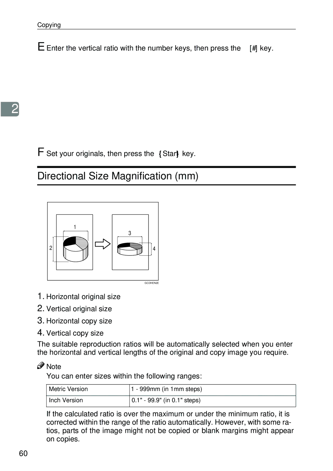 Ricoh 4506 operating instructions Directional Size Magnification mm 