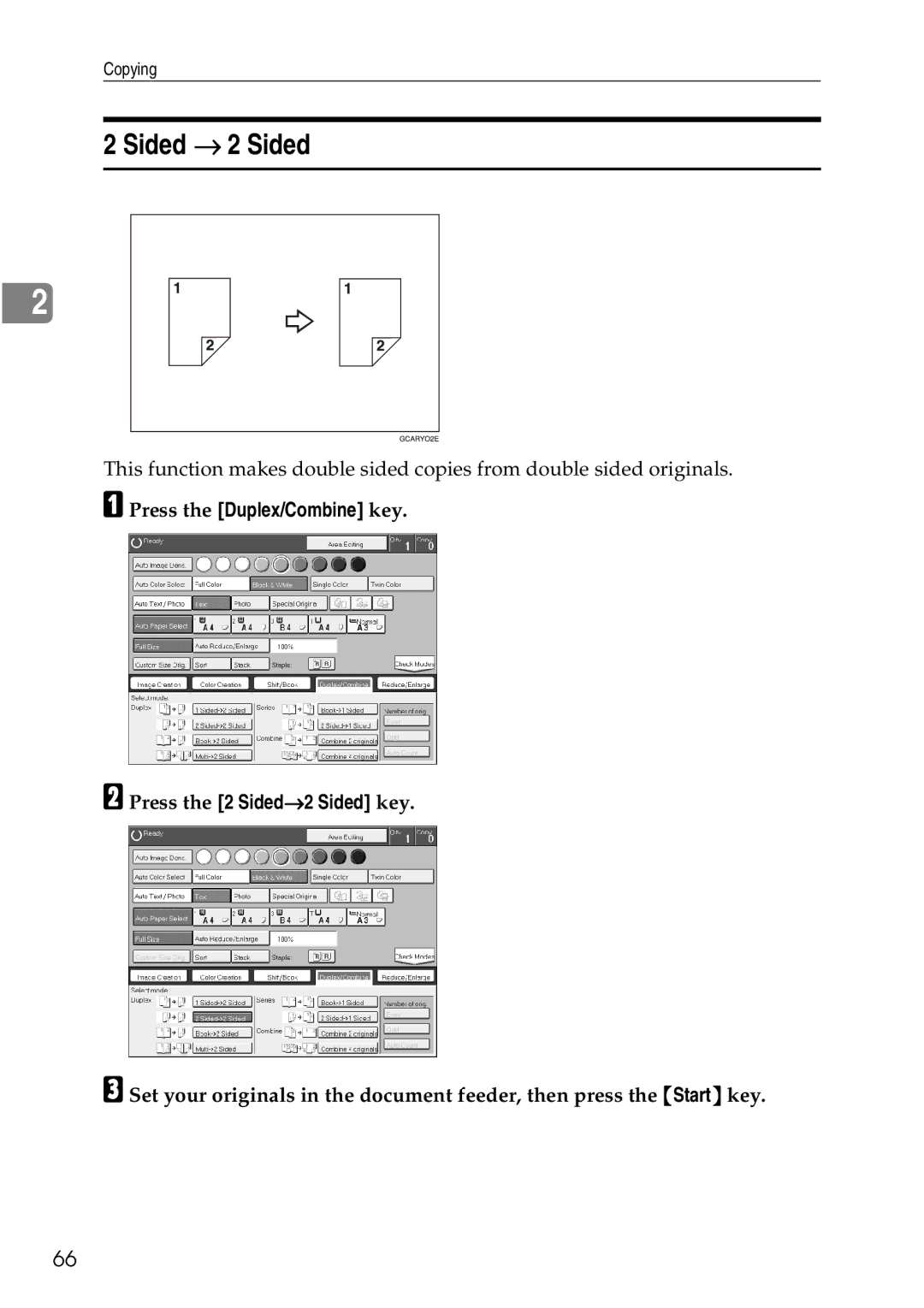 Ricoh 4506 operating instructions Sided → 2 Sided, Press the Duplex/Combine key Press the 2 Sided→2 Sided key 